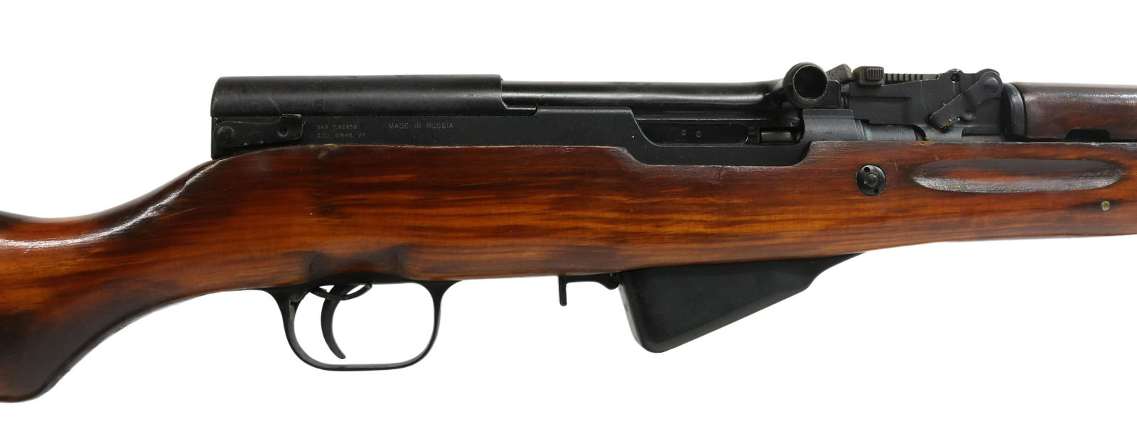 RUSSIAN SKS SEMI AUTO RIFLE WITH BAYONET: Russian SKS rifle, semi-automatic, Tula Arsenal, mfg. 1951, refurbished military surplus in excellent condition appearing as unfired, 7.62mm caliber, 20" barrel, hooded front sight, adjustable rear si