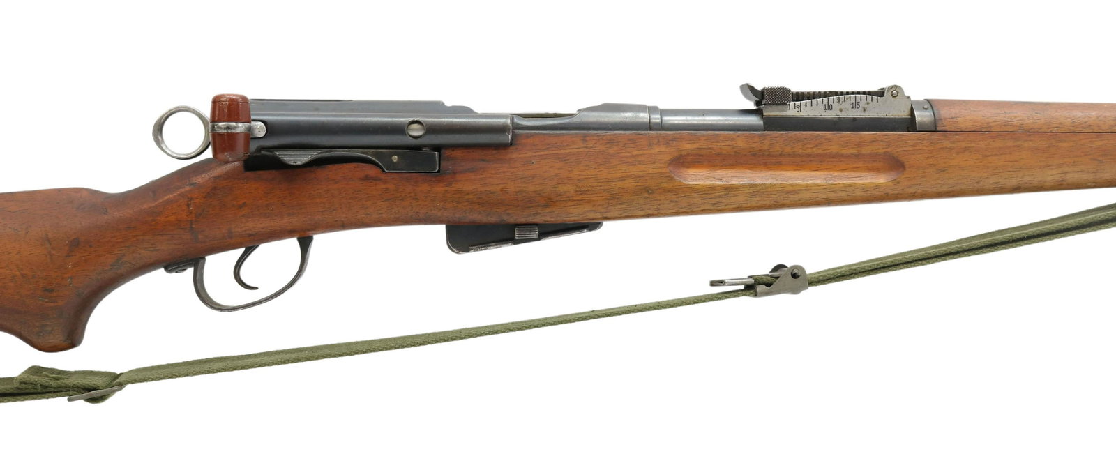 SCHMIDT RUBIN MODEL 1889 SWISS RIFLE, PULL BOLT: Schmidt Rubin Model 1889 Swiss rifle, 7.5 x 53, straight pull bolt action, 31" barrel, fixed front sight, adjustable rear sight, detachable magazine, hardwood stock, two sling swivels, cloth sling, st