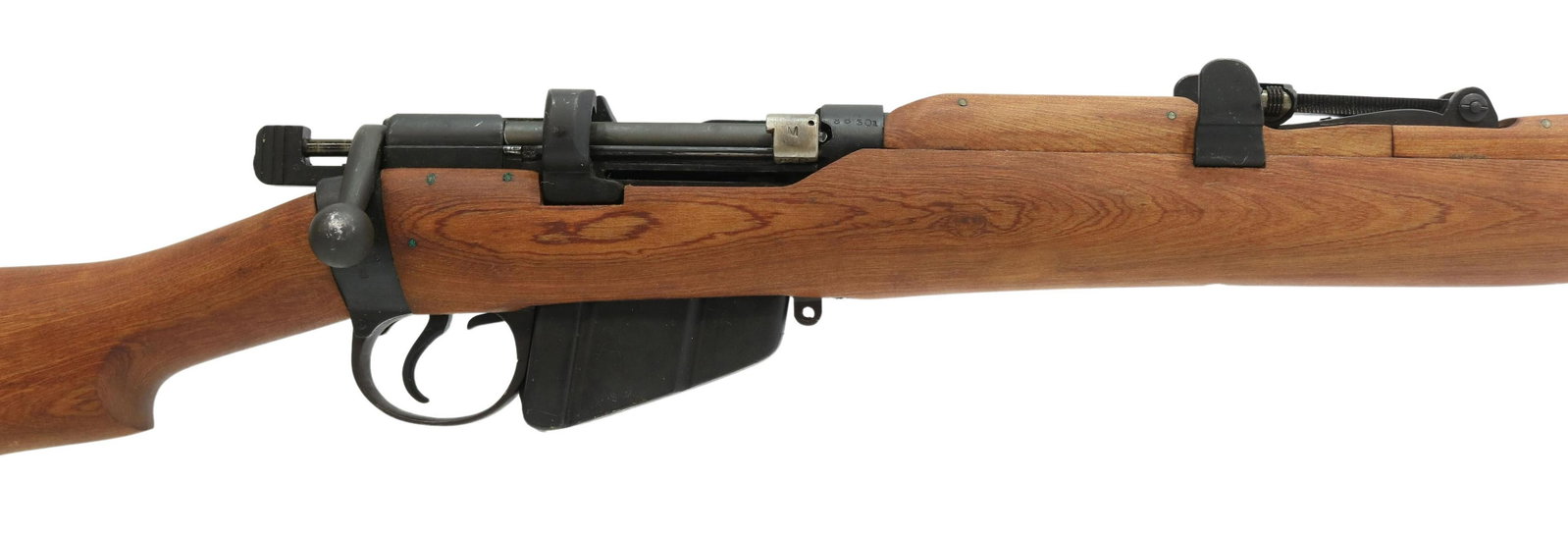 ENFIELD SMLE NO1 Mk3 RIFLE, .303 CALIBER: Enfield SMLE No. 1, Mk3 rifle, .303 caliber, bolt action, 25" barrel, fixed front sight, detachable magazine, hardwood stock, two sling swivels, brass butt plate with port, markings include: "JJ CO, N