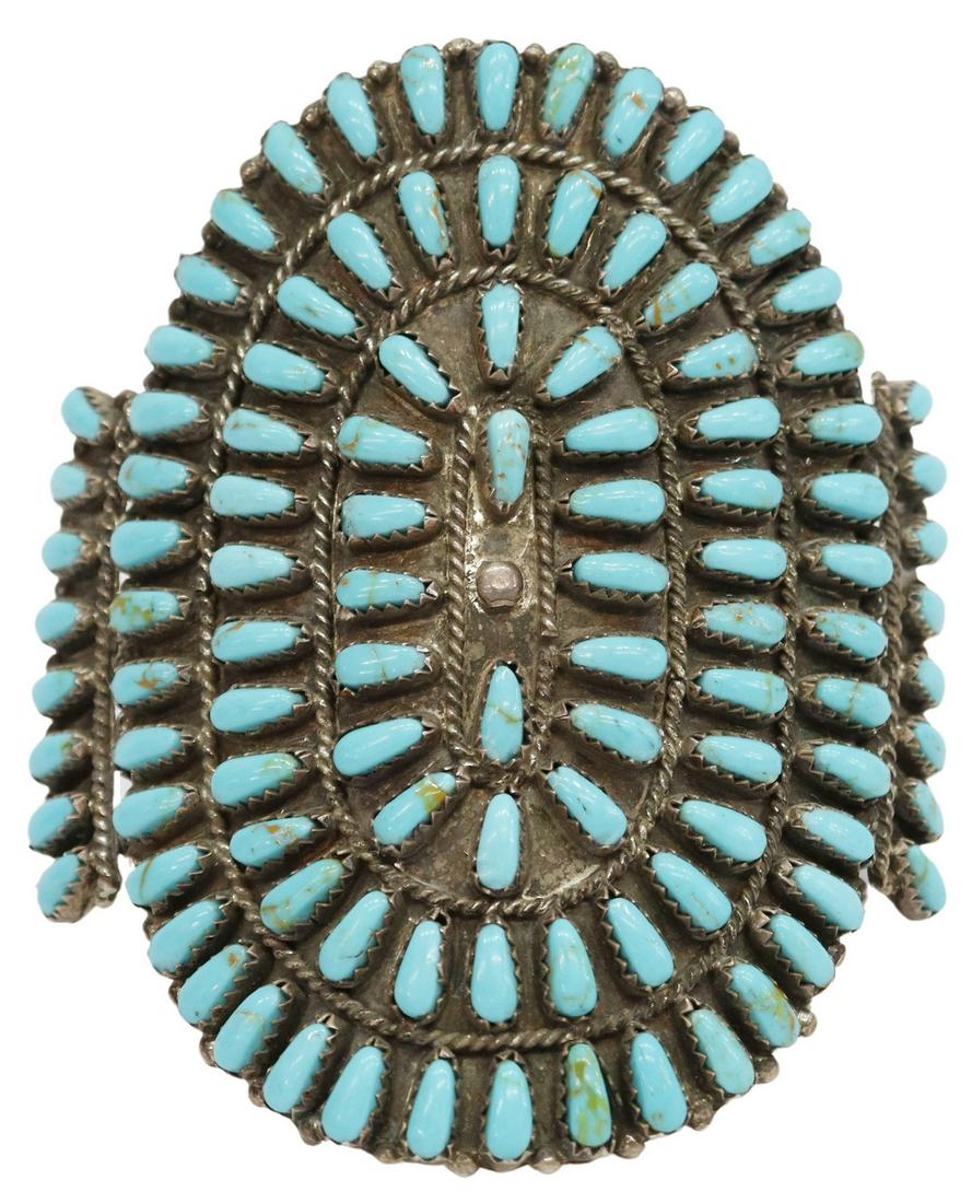 NATIVE AMERICAN SILVER TURQUOISE CLUSTER CUFF, PB: Native American silver (content unknown) petit point cuff bracelet, with radiating clusters of turquoise insets, stamped PB, central plaque: approx 3"h, 2.5"w, interior: approx 5 1/8", gap: approx 3/8