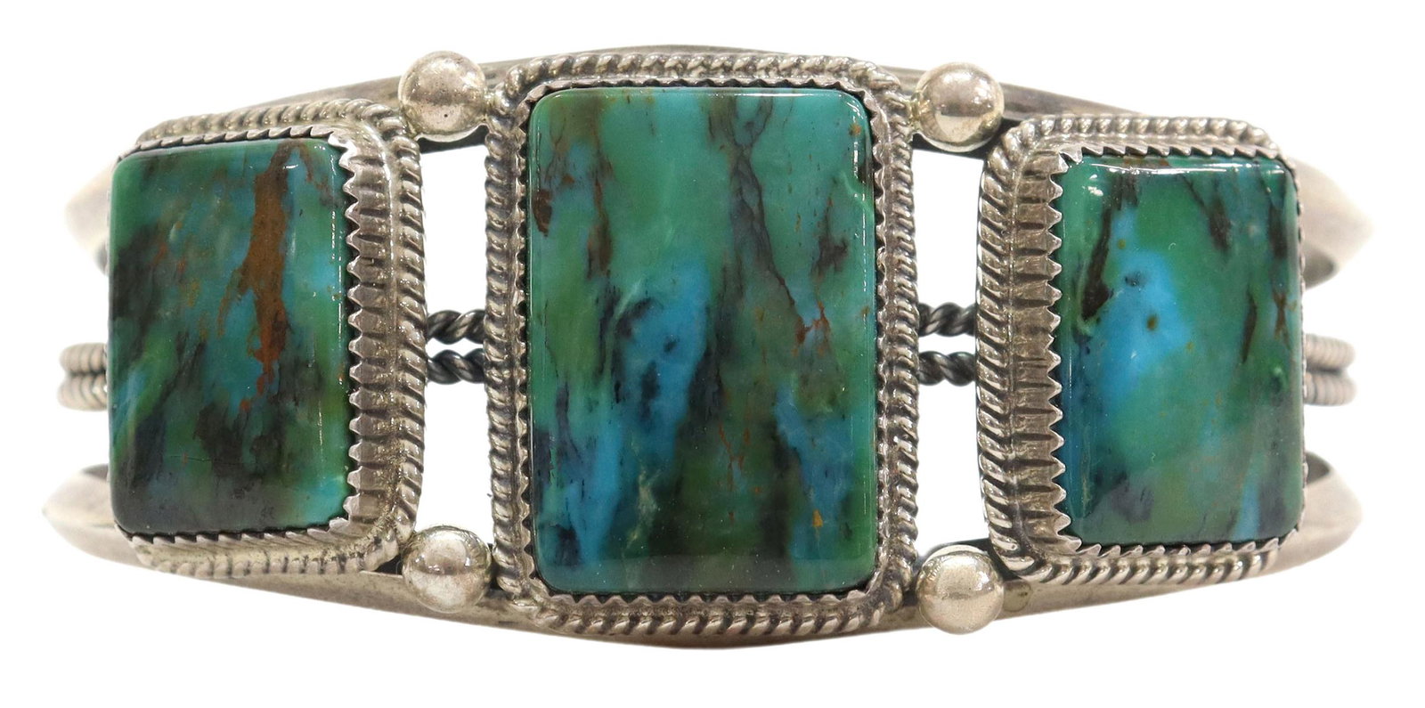 NATIVE AMERICAN G. BOYD STERLING & STONE CUFF: Native American sterling silver cuff bracelet, stamped G. Boyd (sterling), possibly Garrison Boyd (Navajo, 20th c.), with three bezel-set green and blue striated stones, silver beaded accents, on a sp