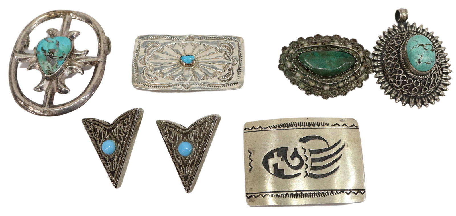 (LOT) NATIVE AMERICAN & SOUTHWEST STYLE JEWELRY: (lot) Collection of Southwest style and other 925 silver and other silver (and plate) jewelry, including: (1) silver overlay buckle, stamped B (sterling), possibly Bennie Bowekaty Zuni, approx 1.5"h, 