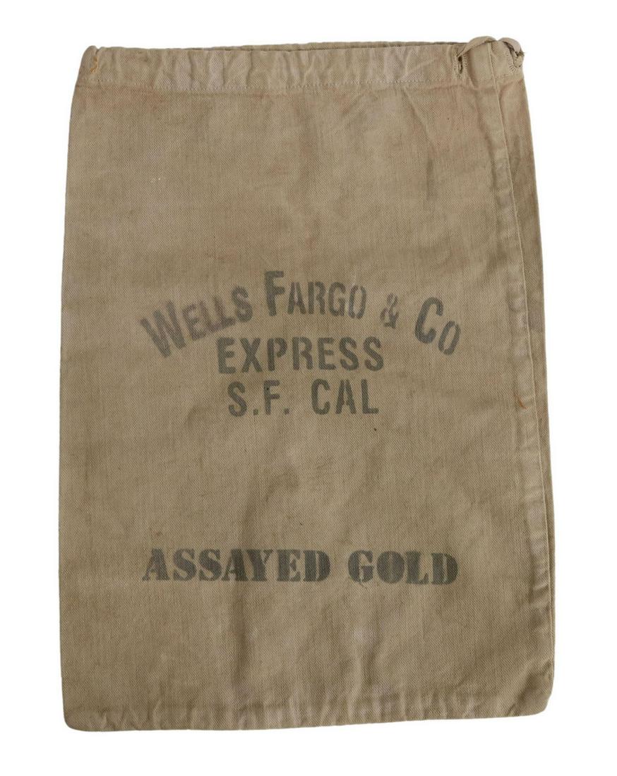 WELLS FARGO & CO EXPRESS S.F. CAL ASSAYED GOLD BAG: Cloth bag marked "Wells Fargo & Co Express S.F. Cal, Assayed Gold," approx 11"h, 7.5"w Start Price: $40.00