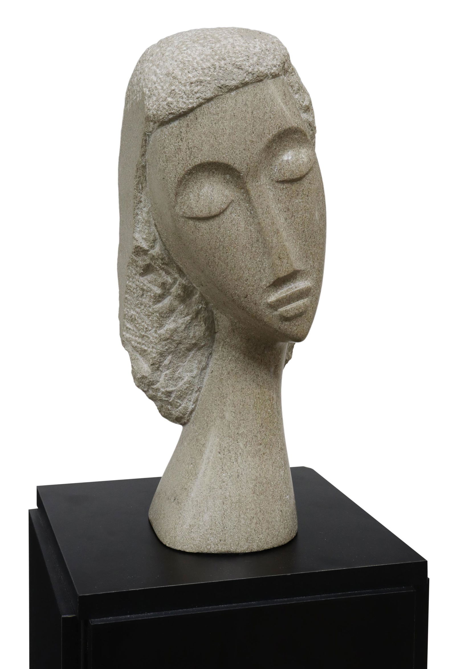LALIBERTE STONE SCULPTURE FEMALE BUST ON PLINTH: Stone sculpture, Female Bust, signed Laliberte, attributed by consignor to Claude Laliberte, on display plinth, sculpture: 14.25"h, plinth: 30.5"h, 10"w, 10"d Start Price: $150.00