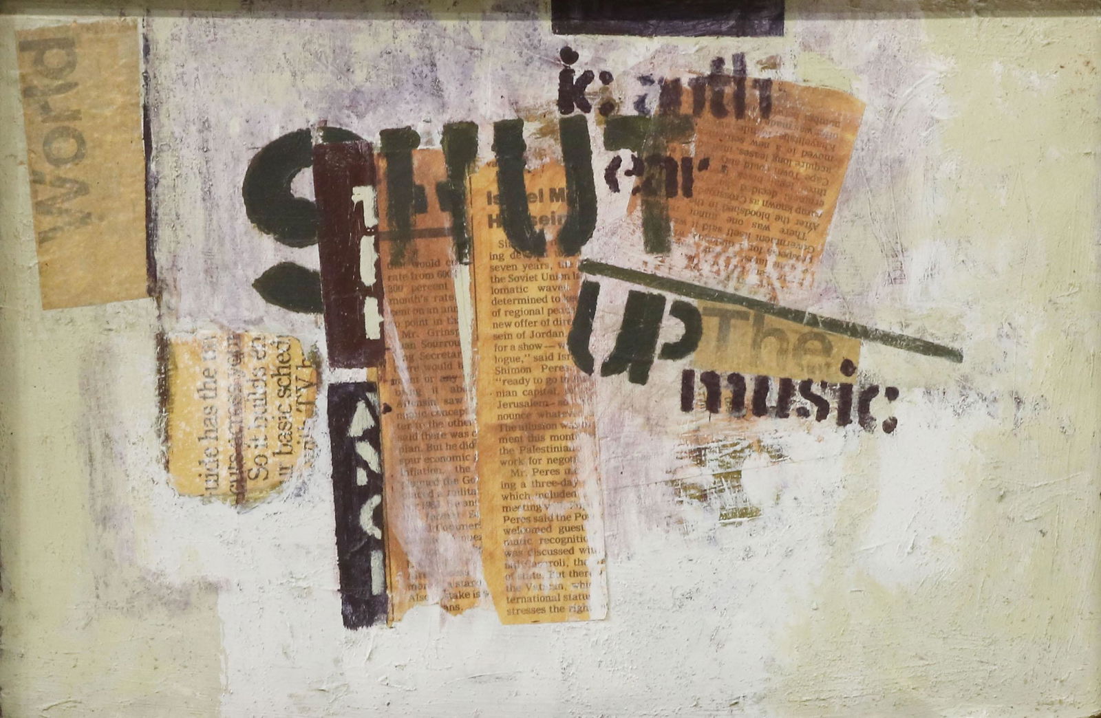 RAY SMITH (B.1959) MODERN MIXED MEDIA COLLAGE: Framed mixed media collage on masonite, Shut Up the Music, signed verso R. Smith (Ray Smith, American, b.1959), sight: 7.75"h, 11.75"w, overall: 10.5"h, 14.5"w, 1.75lbs Start Price: $100.00