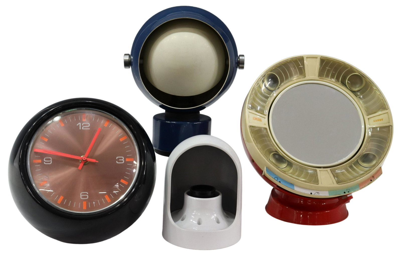 (4) ITALIAN MID-CENTURY MODERN LIGHTING, CLOCK: (lot of 4) Italian mid-century modern design, c.1960s-1970s, including: (1) Admira "Sandy" vanity mirror, red plastic case, lighted mirror with adjustable slider, in need of wiring, approx 11.25"h, 9.