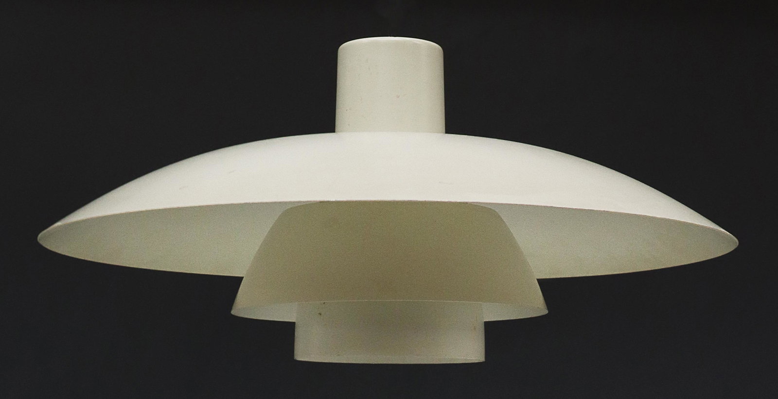 DANISH MID-CENTURY LOUIS POULSEN PENDANT LIGHT: Danish mid-century modern PH 4/3 pendant light, designed by Poul Henningsen (Danish, 1894-1967) for Louis Poulsen Inc., three tier white metal shade of concentric rings, retaining maker's tag, lacking