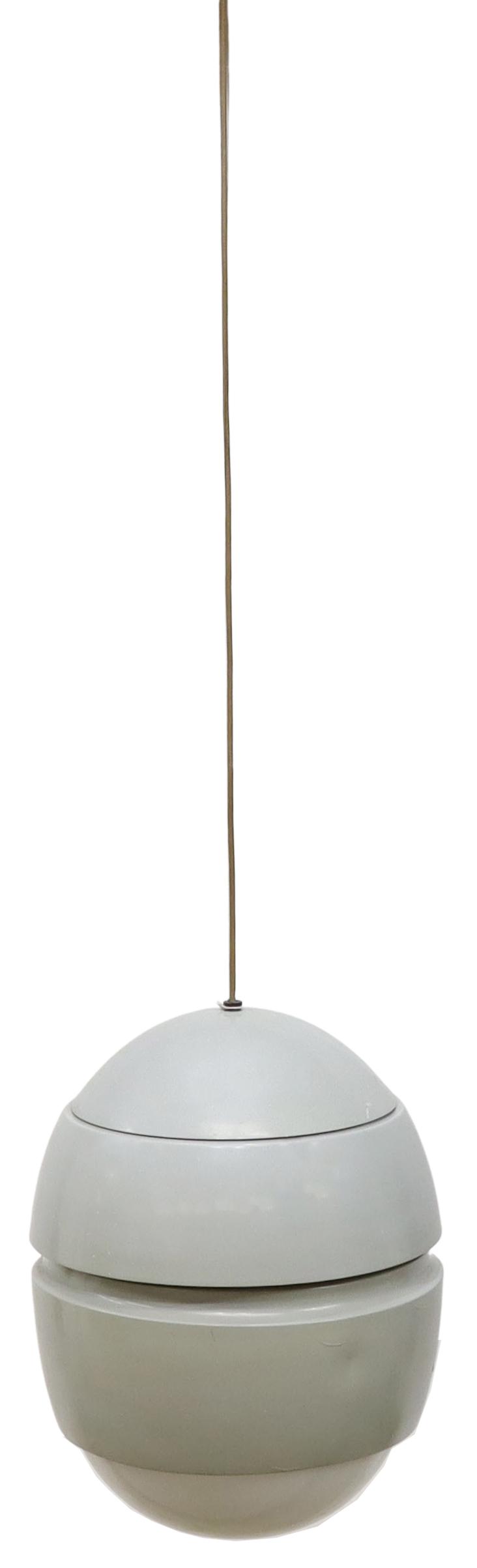 ITALIAN MID-CENTURY MODERN HANGING PENDANT LIGHT: Italian mid-century modern hanging pendant light, c.1960s-1970s, grey enameled metal segmented ovoid body, white plastic diffuser, in need of wiring, dents, pendant only: approx 16"h, 12"diam Start Pr