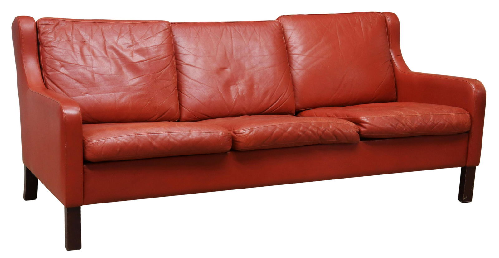 DANISH MODERN MOGENS HANSEN LEATHER 3-SEAT SOFA: Danish mid-century modern leather three-seat sofa, Mogens Hansen, c.1960s-1970s, loose back and seat cushions, rising on block legs, approx 29.5"h, 69.25"w, 32"d, seat height: 16"h Start Price: $300.0