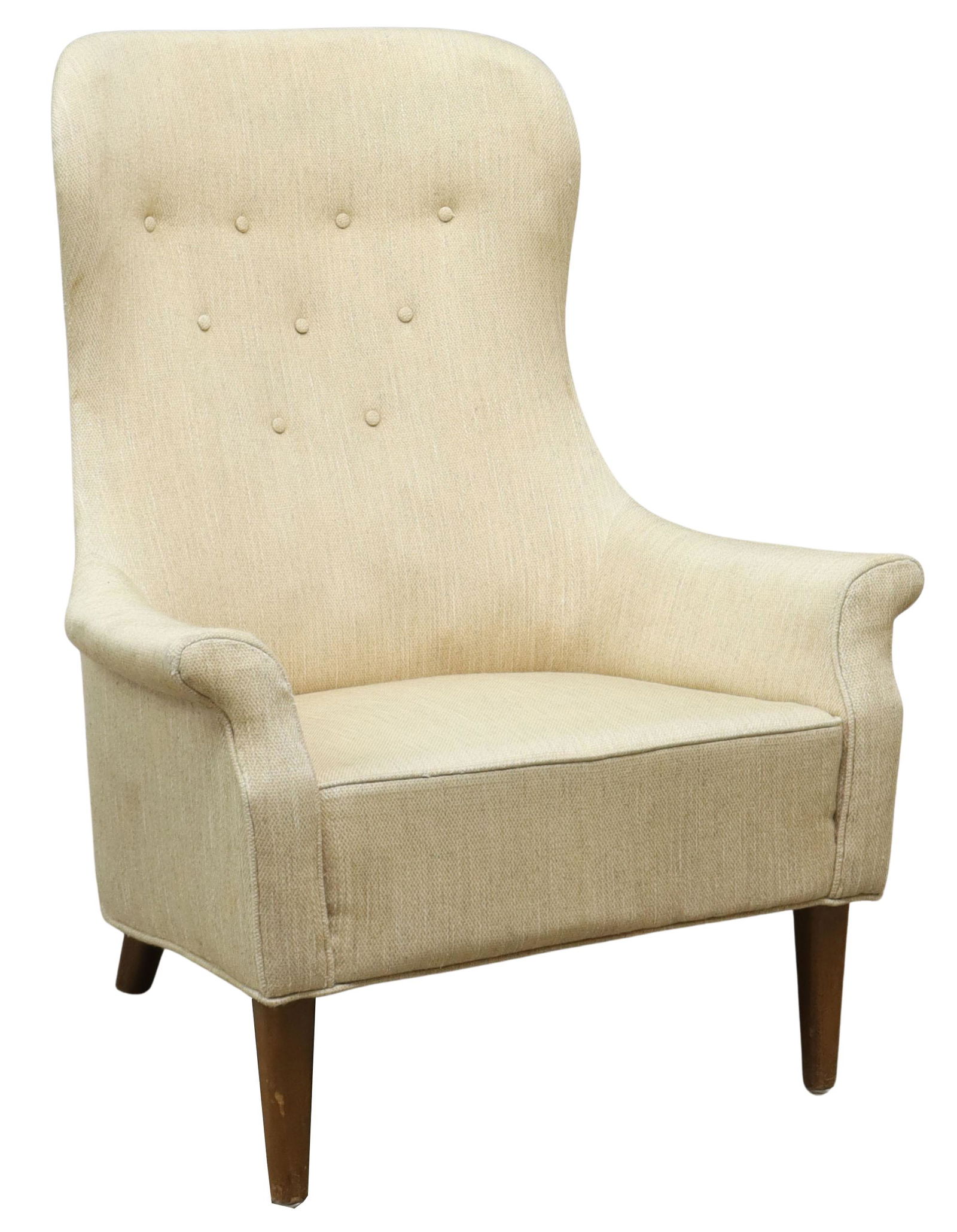 MALMSTEN STYLE MID-CENTURY MODERN ARMCHAIR: Mid-century modern armchair, in the manner of Carl Malmsten (Swedish, 1888-1972), c.1950s, button-tufted back, rising on tapered legs, approx 38.25"h, 30"w, 31"d, seat height: 15.5"h Start Price: $200
