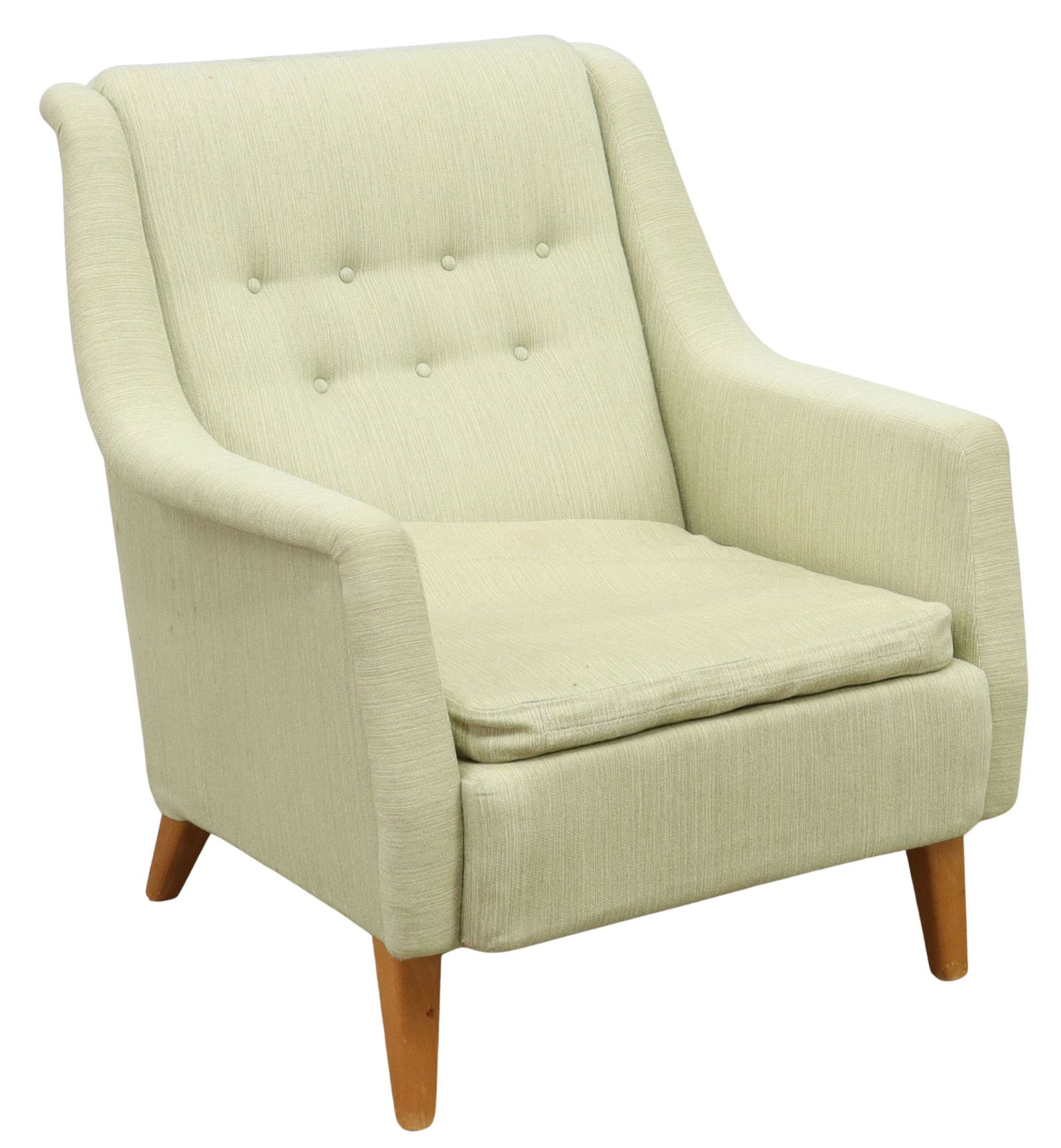 MALMESTEN STYLE MID-CENTURY MODERN ARMCHAIR: Mid-century modern armchair, in the manner of Carl Malmsten (Swedish, 1888-1972), having upholstered padded seat and button back, flared arms enclosing conforming removable cushion, rising on angled t