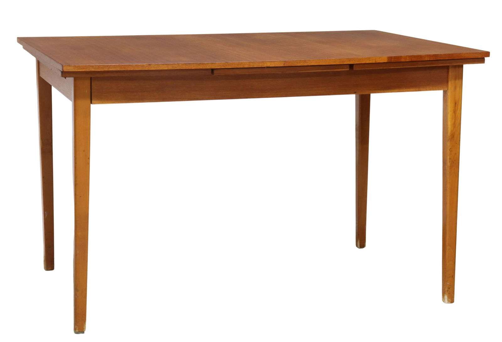 DANISH MID-CENTURY MODERN TEAK DRAW-LEAF TABLE: Danish mid-century modern teak table, c.1950s, having bowed rectangular top with two draw leaves, rising on block legs, closed: approx 29.5"h, 47.75"w, 33.5"d, open: approx 79.25"w Start Price: $200.0