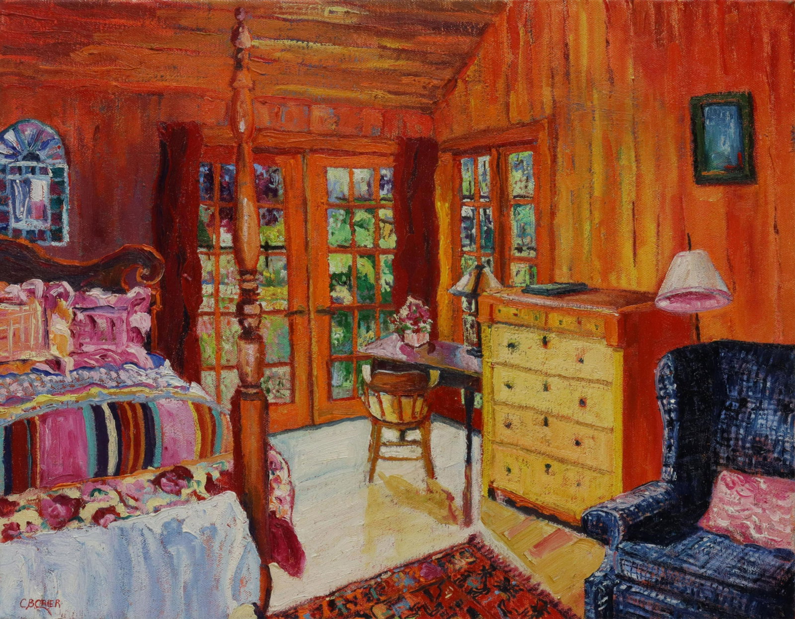 CYNTHIA BRADFIELD CRIER (20TH C) INTERIOR PAINTING: Unframed oil on stretched canvas painting, "Morningside Room I, Whistlewood Farm, Rhinebeck, New York," signed lower left C.B. Crier (Cynthia Bradfield Crier, Texas, New York, 20th c.), titled and dat