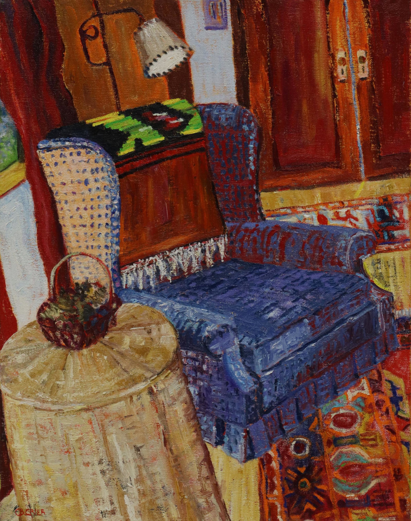 CYNTHIA BRADFIELD CRIER (20TH C) INTERIOR PAINTING: Unframed oil on stretched canvas painting, "Morningside Room III, Whistlewood Farm, Rhinebeck, New York," signed lower left C.B. Crier (Cynthia Bradfield Crier, Texas, New York, 20th c.), titled and d
