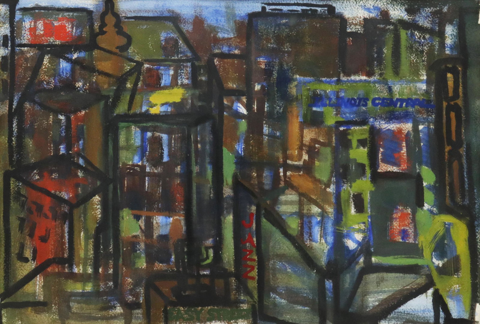 SIGNED WATSON CHICAGO SKYLINE AT NIGHT PAINTING: Framed mixed media painting on paper, Chicago at Night, signed lower right Watson, sight: approx 14.75"h, 21.75"w, overall: approx 26"h, 32.5"w, 9.25lbs Start Price: $100.00