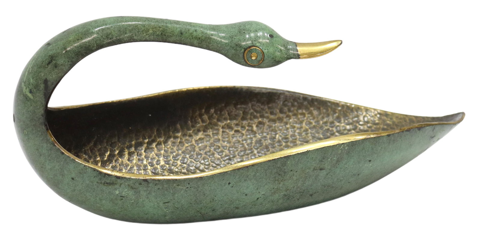 MAURICE ASCALON PAL-BELL BRONZE SWAN-FORM DISH: Cast bronze swan-form dish, designed by Maurice Ascalon (Israeli, 1913-2003), in a parcel gilt and verdigris finish, stamped underfoot Pal-Bell Co. Ltd., made in Israel, approx 4.5"h, 9.75"w, 4.5"d, 2