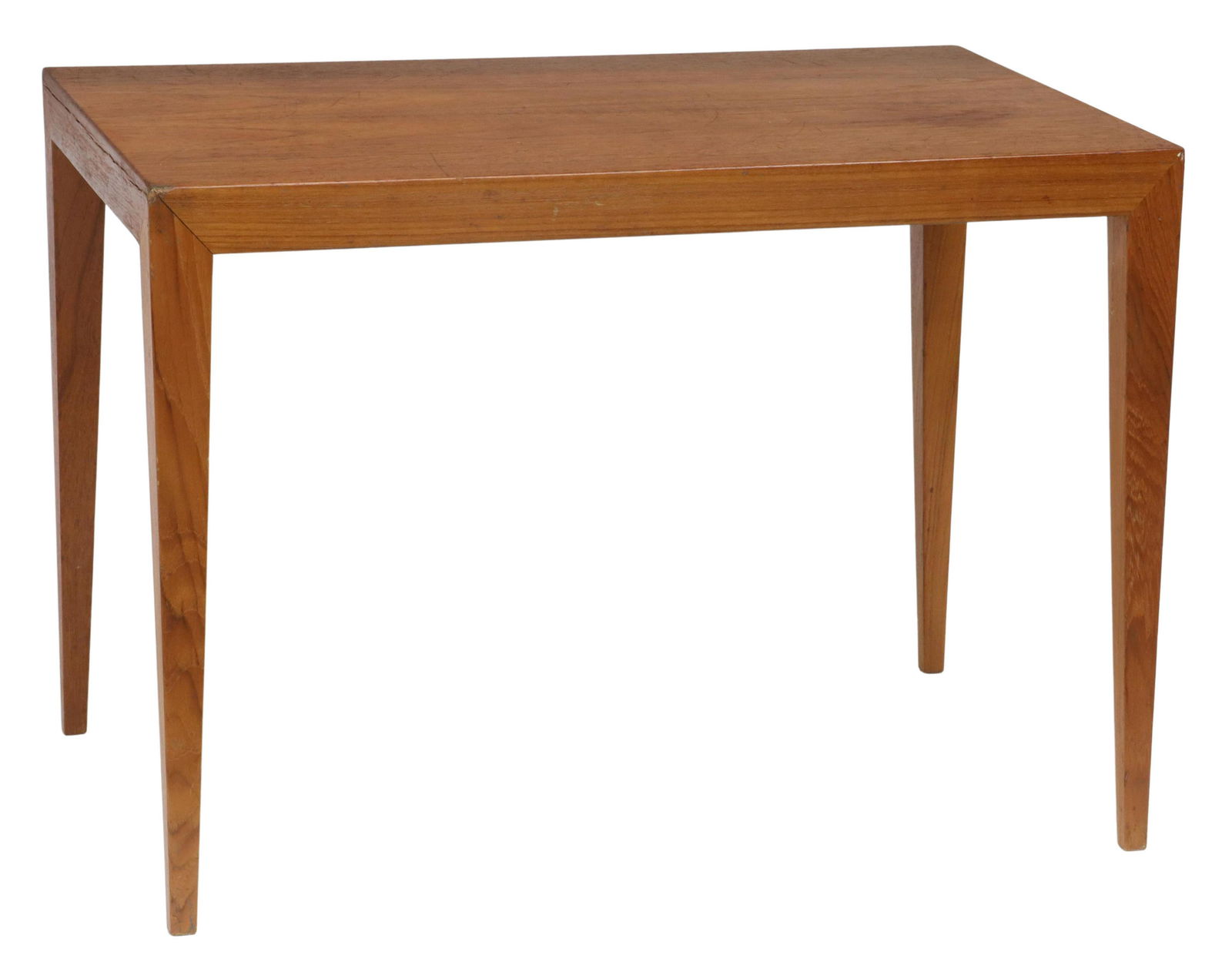 SEVERIN HANSEN HASLEV MID-CENTURY TEAK SIDE TABLE: Danish mid-century modern teak coffee table, designed by Severin Hansen (Danish, 1887-1964) for Haslev, c.1960s, having rectangular top, rising on tapered square legs, approx 19.75"h, 27.5"w, 17.75"d