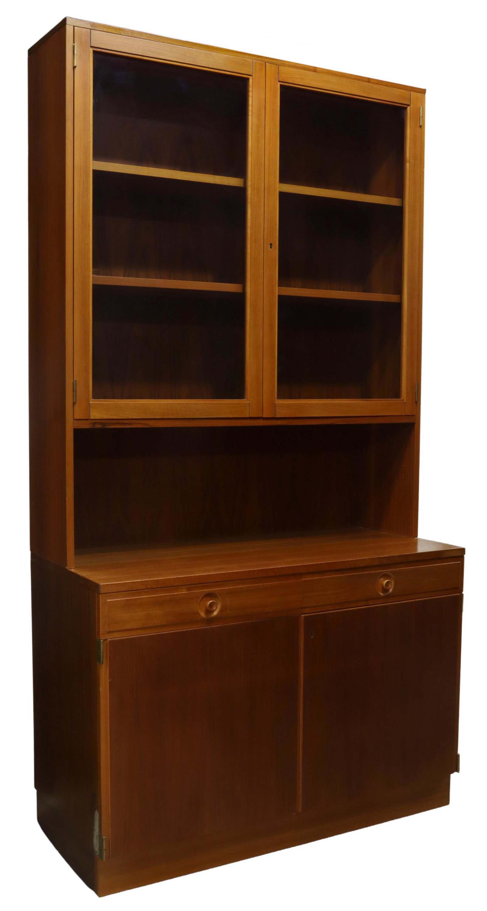 SWEDISH BODAFORS MID-CENTURY MODERN TEAK CABINET: Swedish mid-century modern teak cabinet, designed by Bertil Fridhagen (1905-1993) for Bodafors, c.1950s, upper glazed cabinet doors, opening to interior shelves, lower case fitted with two drawers ove