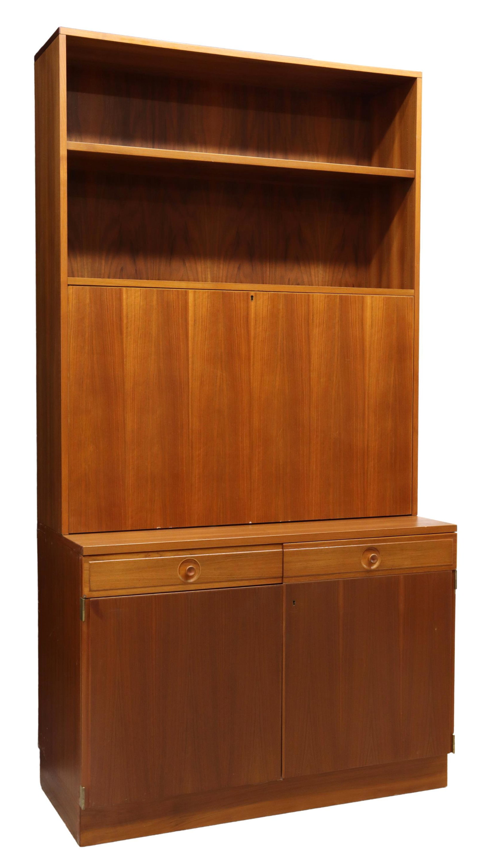 BODAFORS MID-CENTURY MODERN TEAK BAR CABINET: Swedish mid-century modern teak cabinet with bar, designed by Bertil Fridhagen (1905-1993) for Bodafors, c.1950s, having two adjustable shelves over fall front bar cabinet, opening to mirrored interio