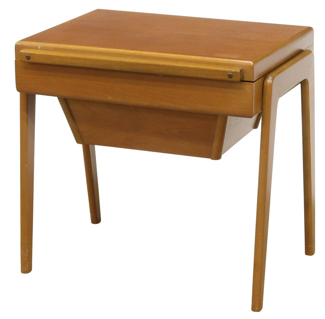 DANISH MID-CENTURY MODERN TEAK SEWING TABLE: Danish mid-century modern teak sewing table, c.1950s, hinged top, lift-out divided tray, sewing basket, rising on angled legs, approx 21.5"h, 23"w, 15.75"d Start Price: $100.00