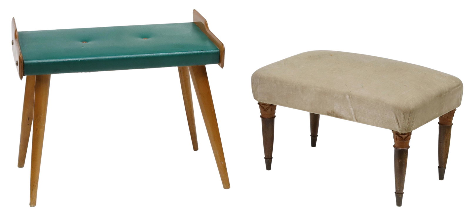 (2) CONTINENTAL OTTOMAN GROUP: (lot of 2) Continental ottoman group, 20th c., comprising: (1) having shaped mid-century modern maple wood frame, buttoned vinyl seat, rising on flat tapered legs, approx 18.25"h, 21.75"w, 15.25"d; (1
