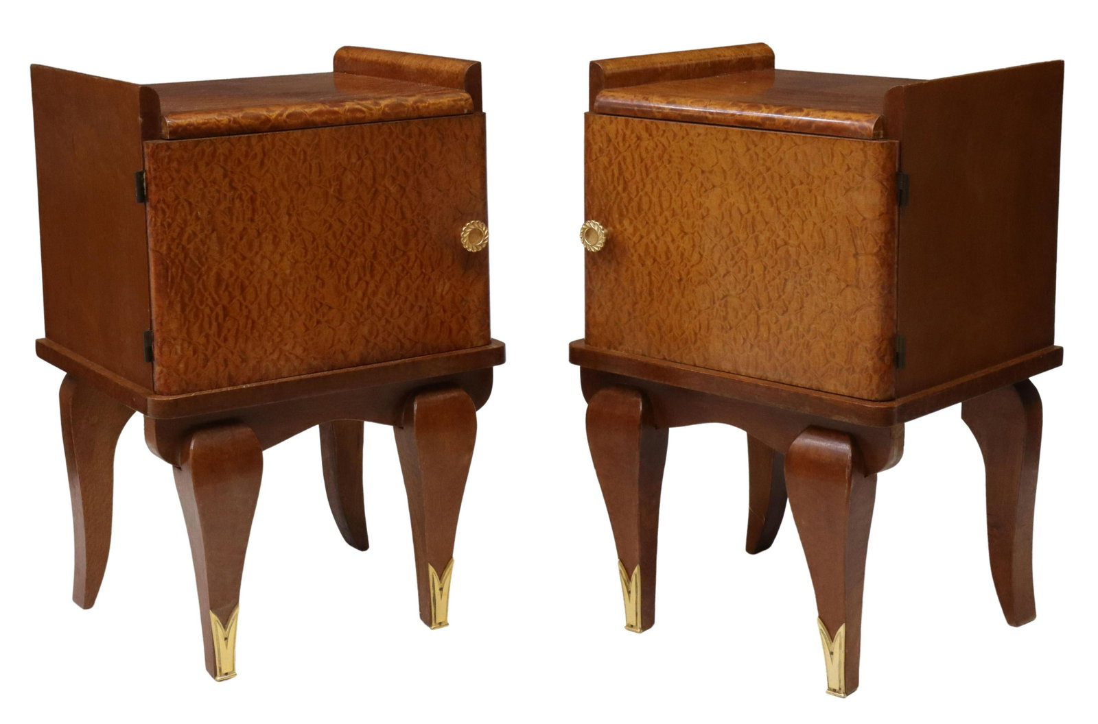 (2) FRENCH ART DECO CURLY MAPLE NIGHTSTANDS: (pair) French Art Deco curly maple bedside cabinets, c.1930s-1940s, waterfall front, single cabinet door, interior shelf, rising on curved legs, approx 23.25"h, 15"w, 12.5"d Start Price: $200.00