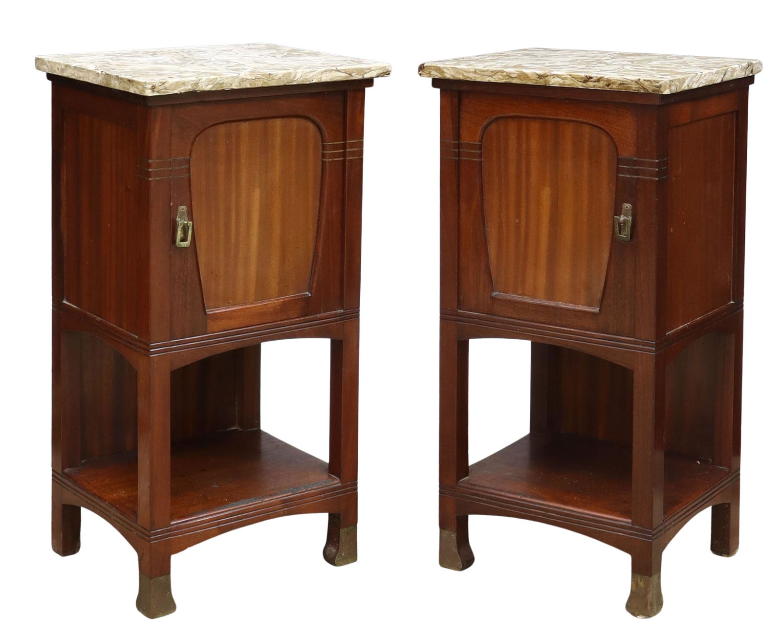 (2) ITALIAN ART NOUVEAU MARBLE-TOP NIGHTSTANDS: (pair) Italian Art Nouveau marble-top bedside cabinets, early 20th c., mahogany case with brass string inlay, single-door cabinet, lower open shelf, (one) door lacking latch hardware, approx 32.25"h,