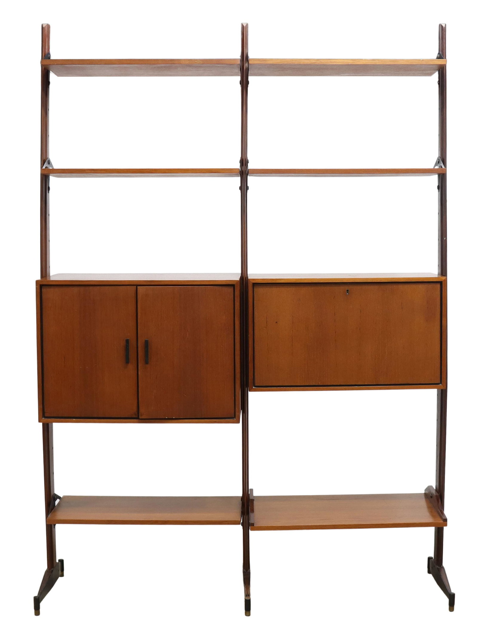 ITALIAN MID-CENTURY MODERN WALL UNIT BOOKCASE: Italian mid-century modern two-unit bookcase, c.1960s, rising on three narrow wood adjustable uprights, fitted with six open shelves, two cabinets, (one) with double doors opening to interior shelf, (