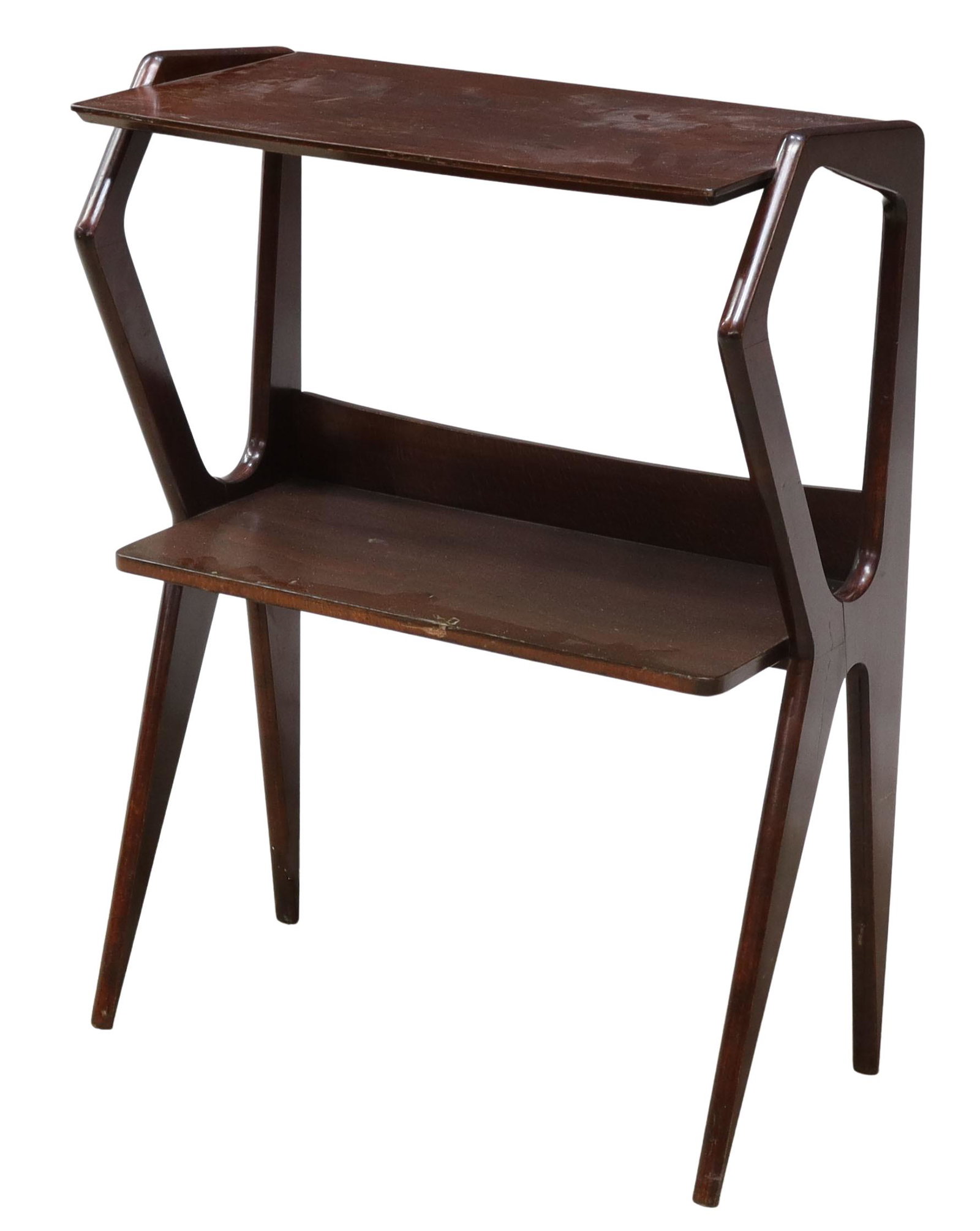 ICO PARISI (ATTRIB.) ITALIAN MID-CENTURY BOOKSHELF: Italian mid-century modern etagere/ bookshelf, attributed to Ico Parisi (Italian 1916-1996), c.1950s, two open shelves, shaped supports terminating in tapered legs, partial foil label under top shelf,
