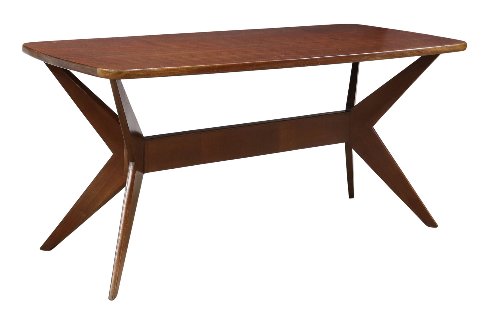 ICO PARISI STYLE ITALIAN MID-CENTURY DINING TABLE: Italian mid-century modern mahogany dining table, in the manner of Ico Parisi (Italian, 1916-1996), c.1950s, oval tabletop, rising on tapered supports, joined by cross stretcher, approx 32"h, 67"w, 32