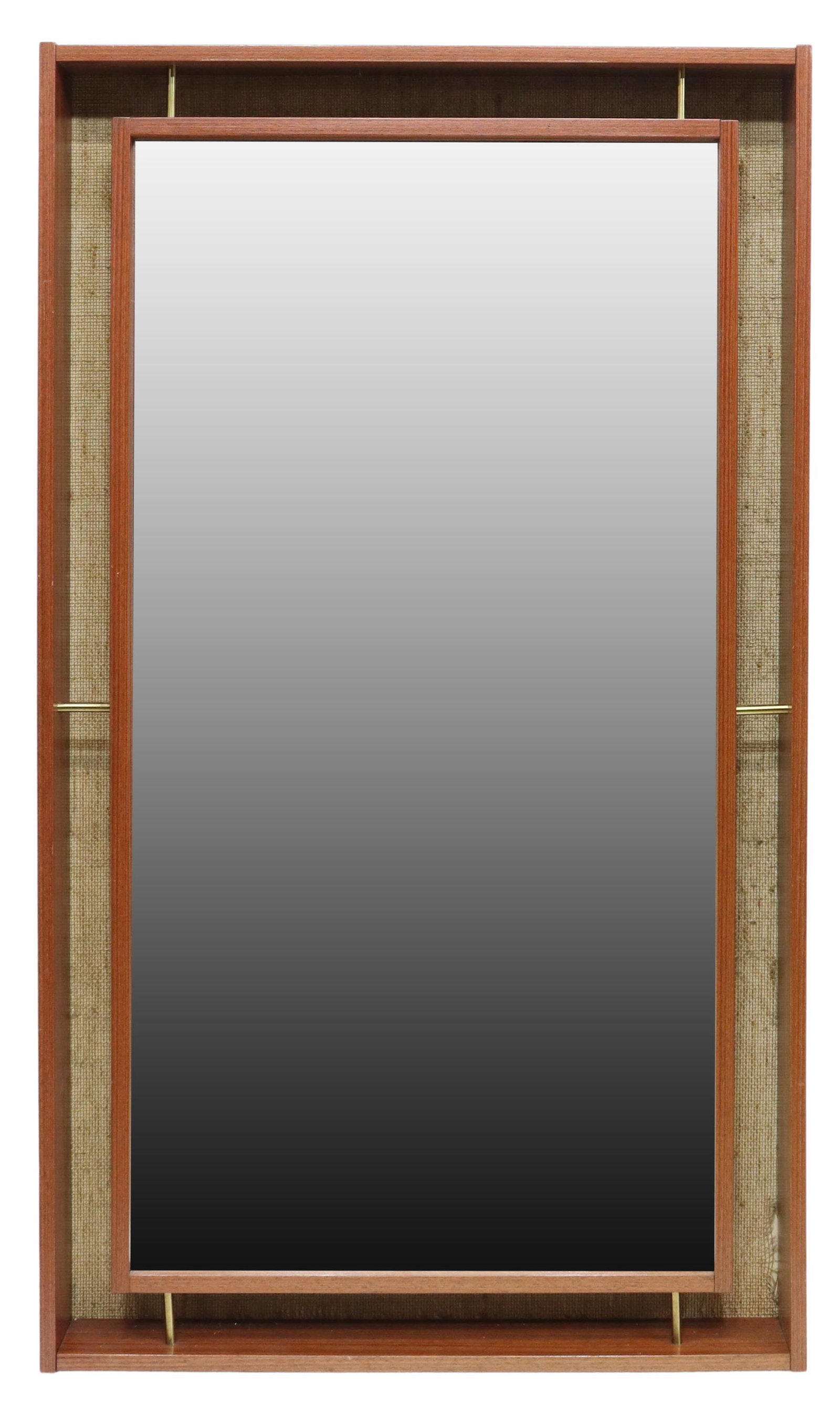 DANISH MID-CENTURY MODERN LIGHTED WALL MIRROR: Danish mid-century modern wall mirror, in the manner of Pedersen & Hansen, c.1960s, shadow box frame, flat mirror plate illuminated from behind, woven backing, lighting in need of wiring, approx 49"h,