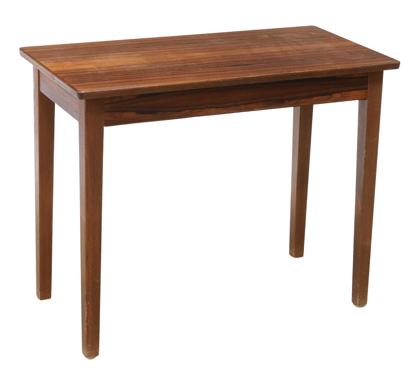 DANISH MID-CENTURY MODERN ROSEWOOD HINGE-TOP TABLE: Danish mid-century modern rosewood sewing or storage table, c.1960s, hinged top, rising on tapered block legs, approx 22"h, 27.5"w, 14.5"d Start Price: $60.00
