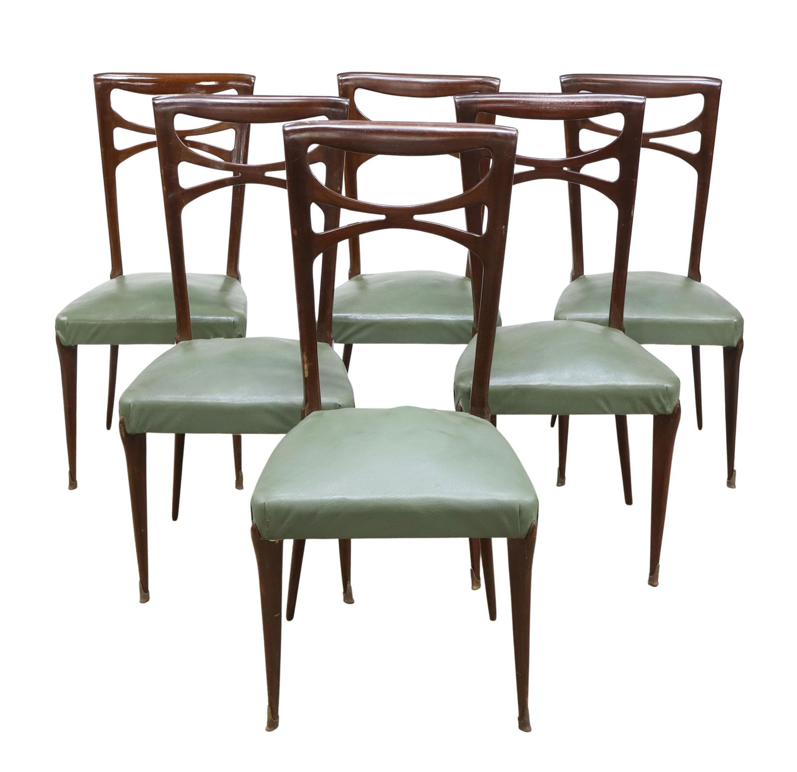 6) PAOLO BUFFA (ATTRIB.) MID-CENTURY MODERN CHAIRS: (lot of 6) Italian mid-century modern chairs, c.1950s, design attributed to Paolo Buffa (Italy, 1903-1970), delicately shaped walnut frame fitted with double arch splat, padded seat upholstered in fau