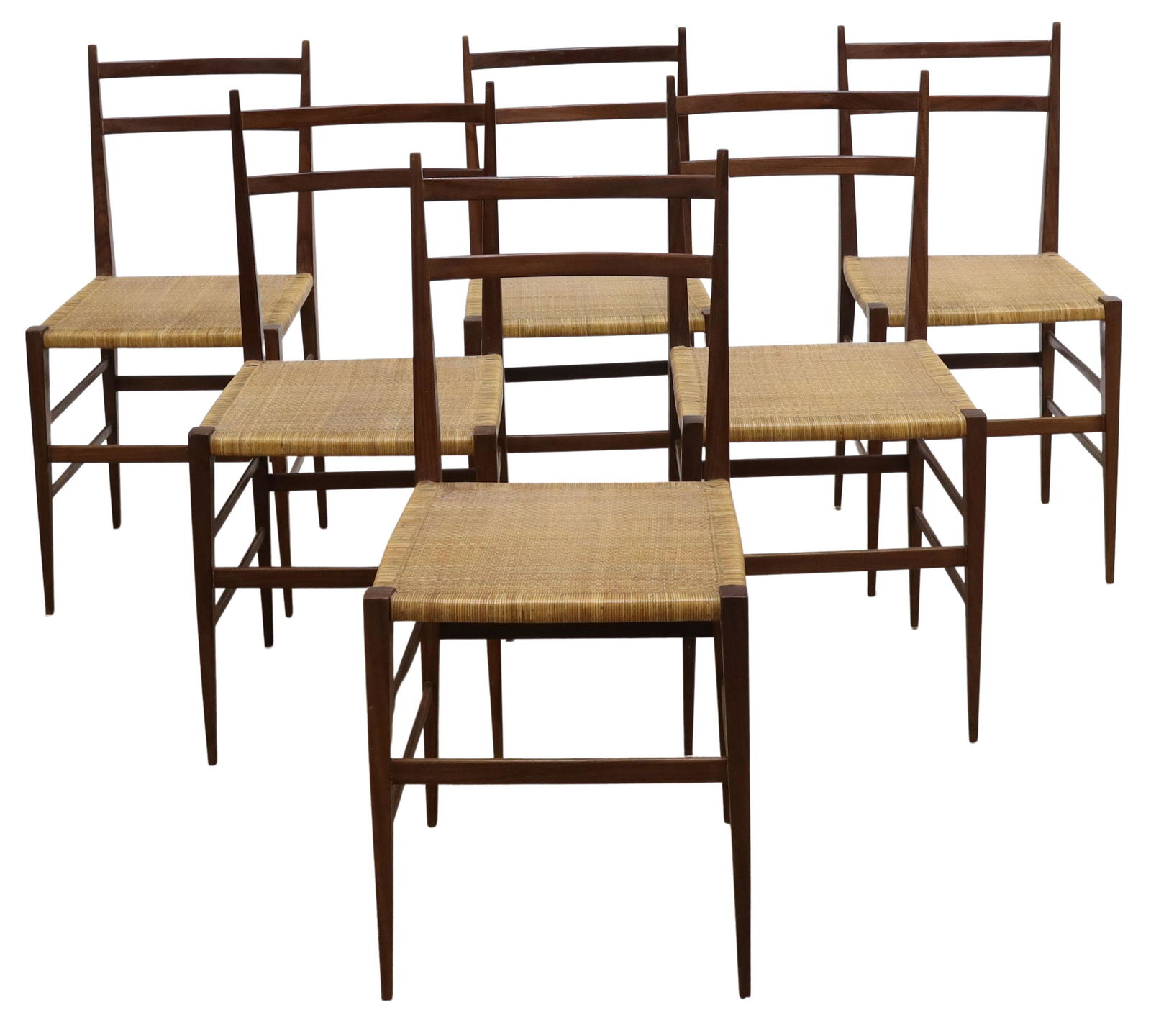 (6) ITALIAN MID-CENTURY MODERN RATTAN-SEAT CHAIRS: (lot of 6) Italian mid-century modern chairs, in the manner of Gio Ponti (Italian, 1891-1979), c.1950s, wood frame with curved open back, over woven rattan seat, rising on stretcher-joined tapered leg