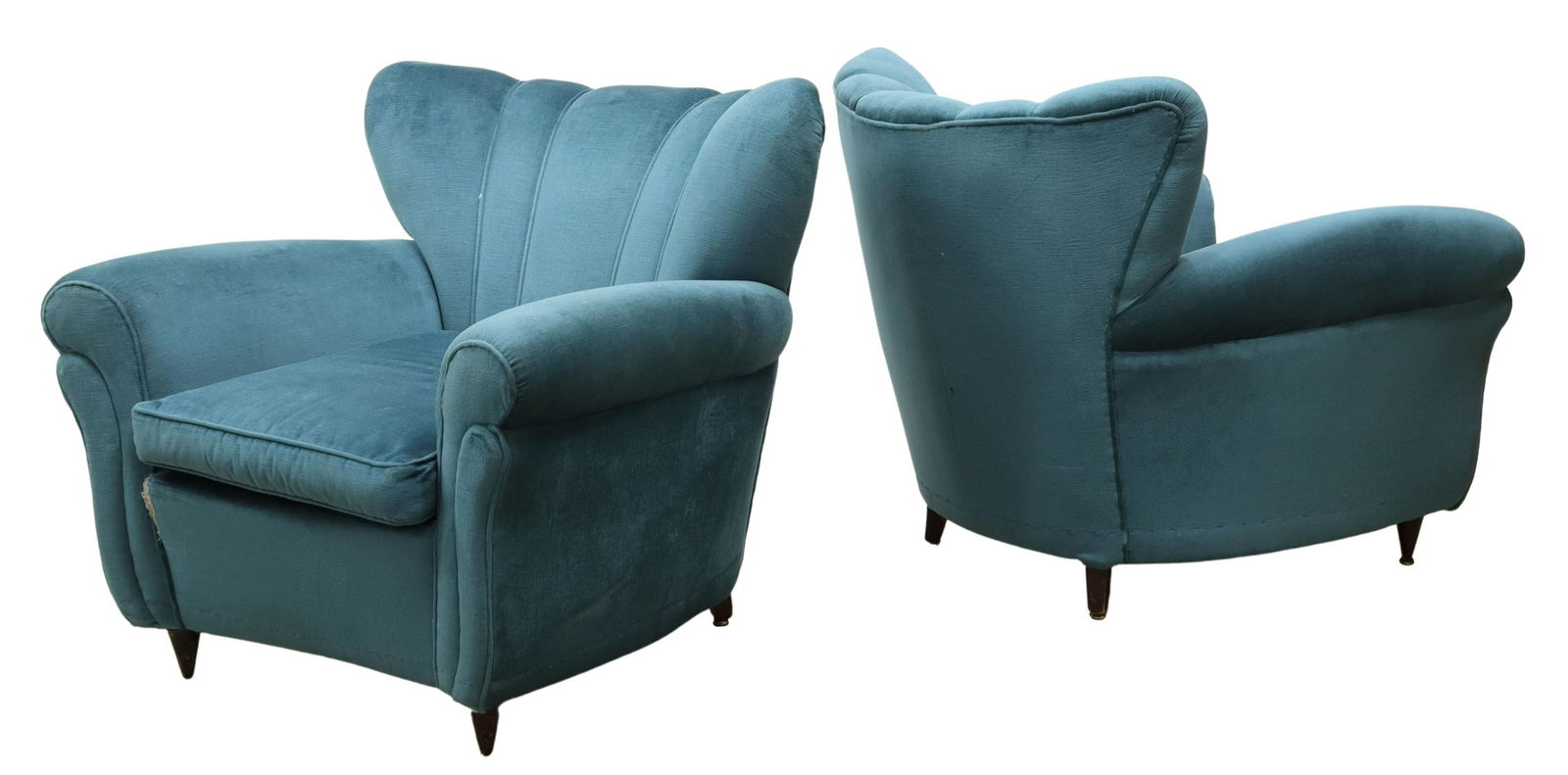 (2) GIO PONTI (ATTRIB.) MID-CENTURY CLUB CHAIRS: (pair) Italian mid-century modern club chairs, attributed to Gio Ponti (Italian, 1891-1979) for Casa e Giardino, c.1950s, in aqua blue velvet upholstery, with vertical channel-tufted shell back, loose