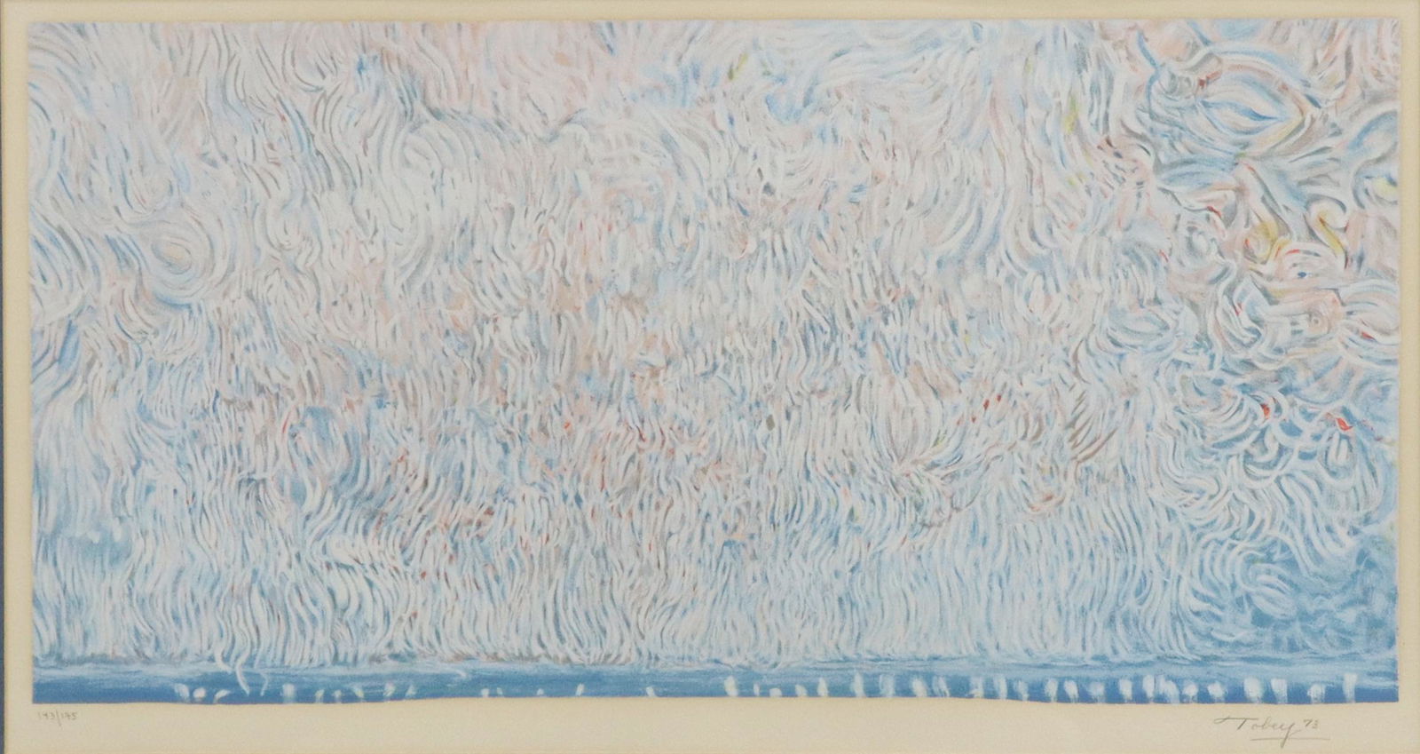 MARK TOBEY (D.1976) 'SCROLL OF LIBERTY' LITHOGRAPH: Framed lithograph on paper, "The Scroll of Liberty," signed lower right Tobey (Mark Tobey, American, 1890-1976), dated 1973, numbered 143/ 175, Ruth Bornstein Art Center label verso, sight: 13.75"h, 2