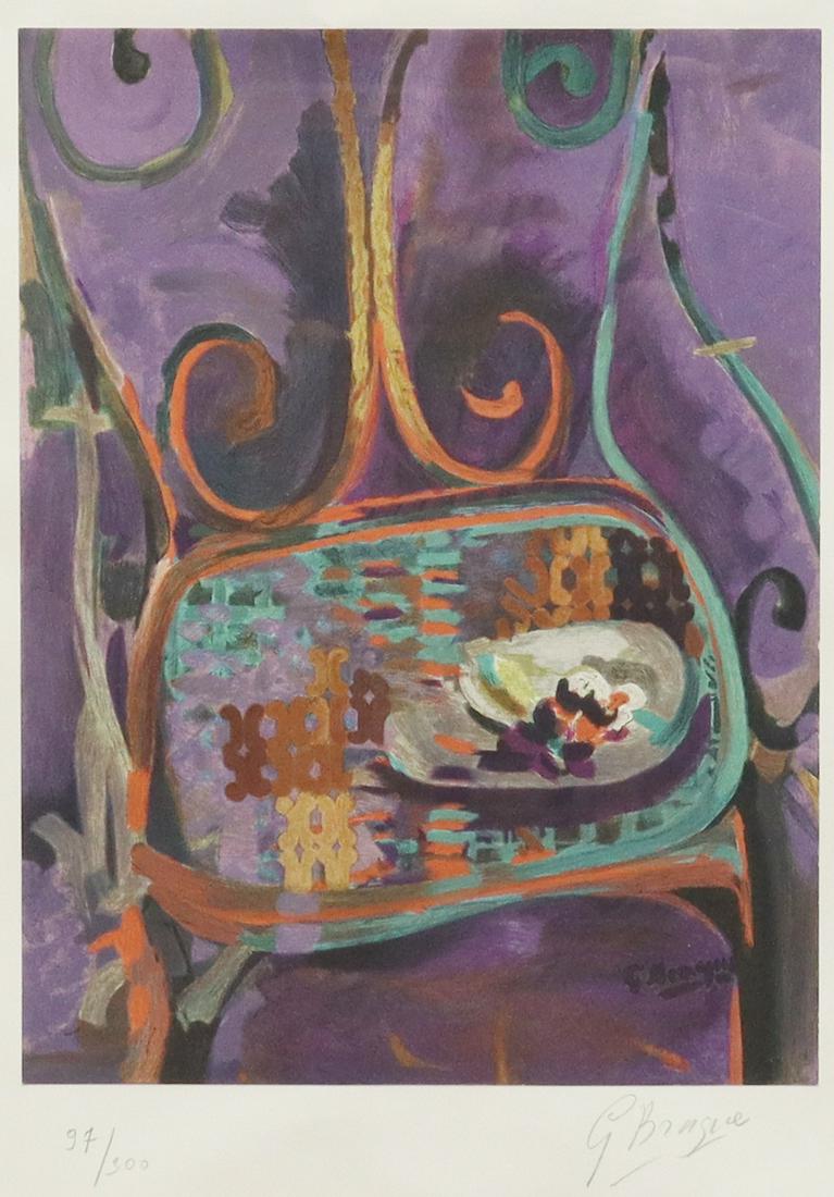 GEORGES BRAQUE (1882-1963) LA CHAISE LITHOGRAPH: Framed lithograph on paper laid on support sheet, "La Chaise" (The Chair), signed lower right margin G. Braque (Georges Braque, French, 1882-1963), numbered 97/ 300, Ruth Bornstein Art Center label ve