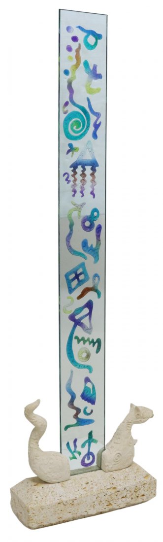 DAMIAN PRIOUR (1949-2011) STONELITH SCULPTURE: Fossilized stone and glass column, Stonelith Sculpture, Damian Priour (Austin, Texas, 1949-2011), single tempered glass panel with etched multicolor motifs, rising on Cordova limestone base, with carv