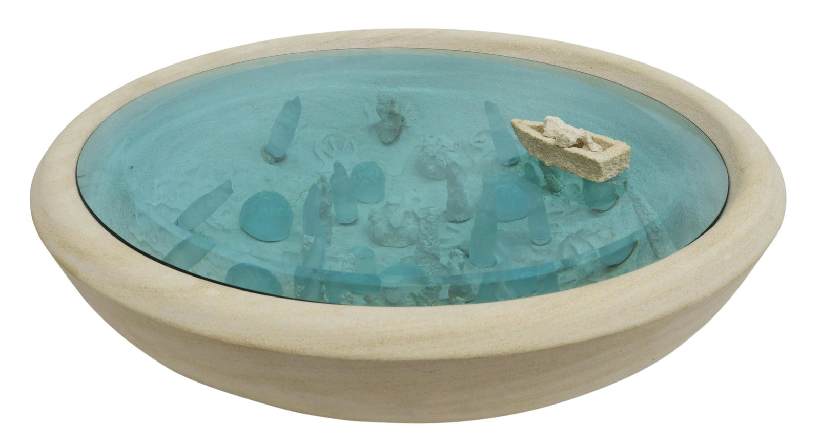 DAMIAN PRIOUR (1949-2011) GLASS & STONE SCULPTURE: Contemporary art glass sculpture, "Diver's Bliss," signed D. Priour (Joseph Damian Priour, Texas, 1949-2011), dated 2004, textured limestone basin, blue-green glass, some restoration to stone pieces,
