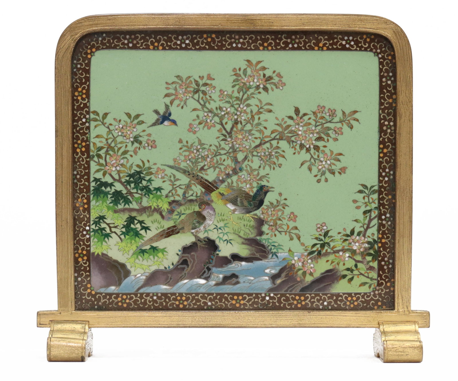 JAPANESE S. INABA CLOISONNE ENAMEL TABLE SCREEN: Japanese cloisonne enamel table screen, double sided, one side with two pheasants on a river bank, reverse with cranes in flight against a midnight blue ground, cloud and wave border, centered in a gi