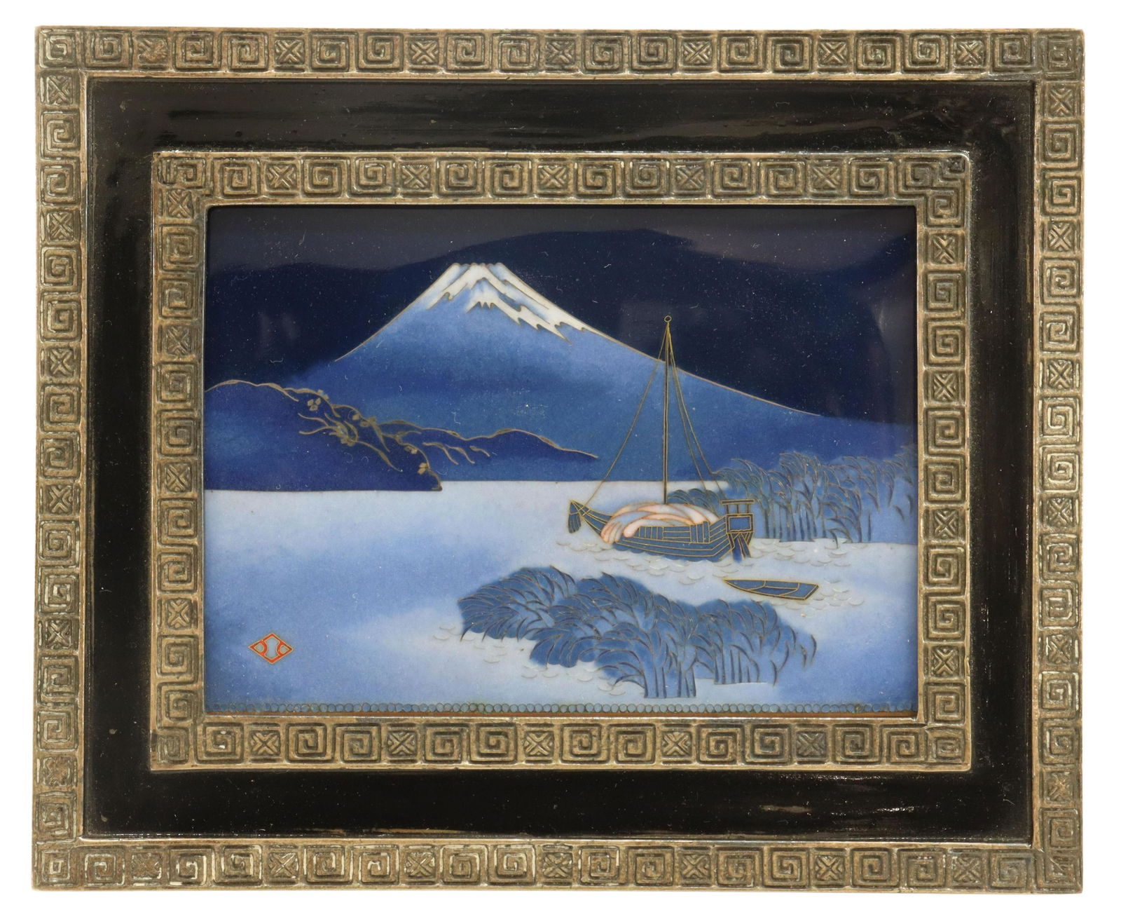 JAPANESE HAYASHI KODENJI ENAMEL MOUNT FUJI PLAQUE: Framed Japanese yusen and musen cloisonne enamel plaque, Fishing Boat with View of Mount Fuji, late Meiji period (1868-1912), lozenge-shaped studio mark at lower left for workshop of Hayashi Kodenji (