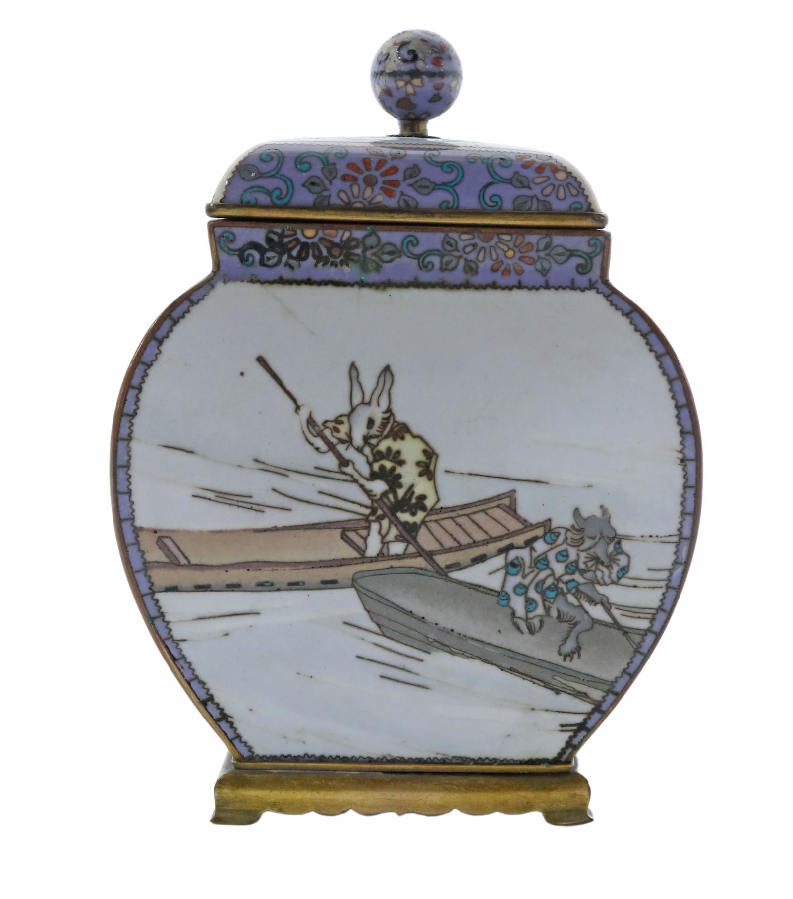 JAPANESE KACHI-KACHI YAMA ENAMEL LIDDED URN: Japanese yusen and musen cloisonne enamel lidded vase, likely Meiji period (1868-1912), one side with scene from Kachi-kachi Yama, hare and tanuki in boat race, reverse with blue Oni carrying an umbre