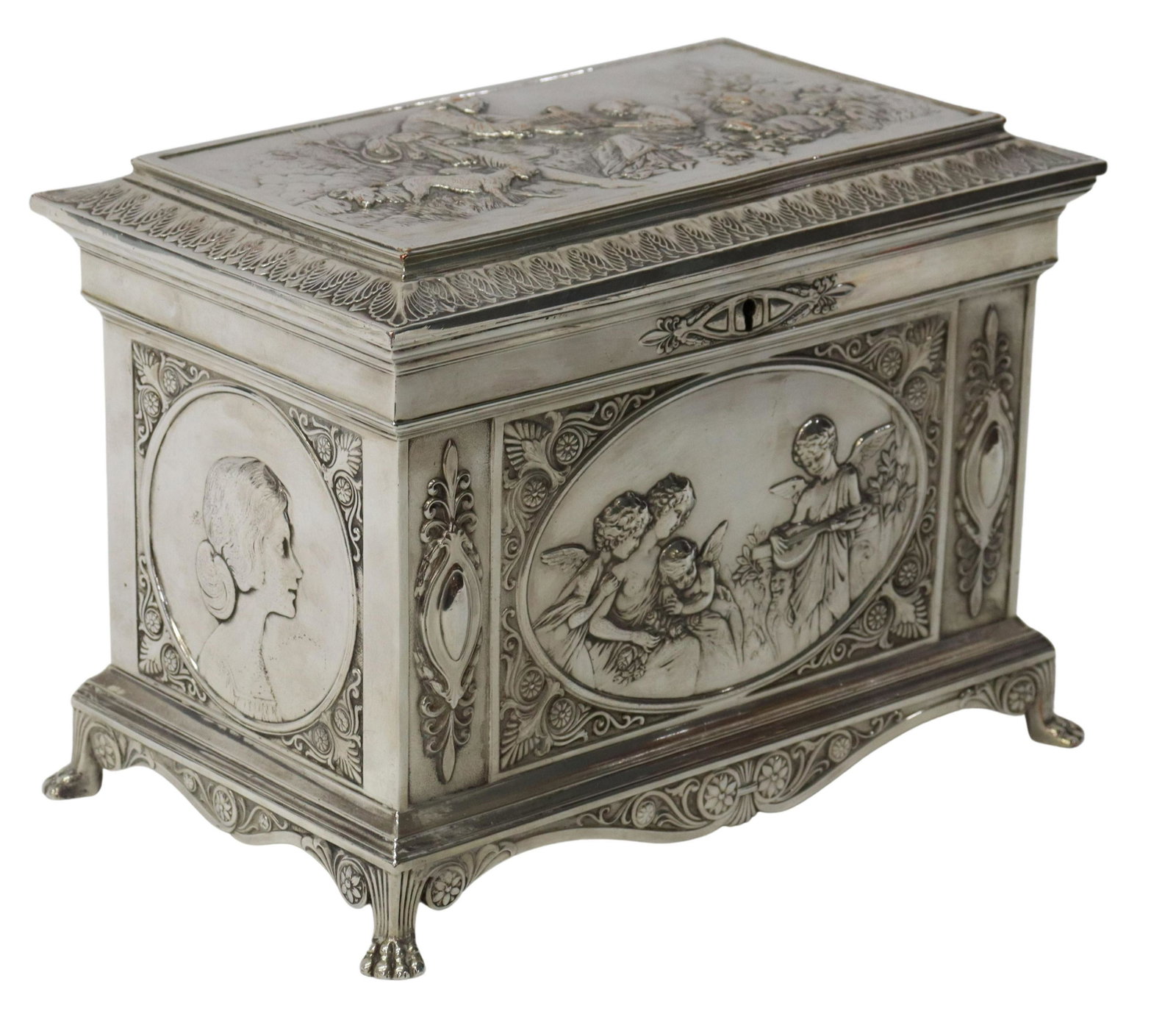 WMF FIGURAL DECORATED SILVER PLATE CASKET DRESSER BOX: Württembergische Metallwarenfabrik(WMF) silver plate casket/ dresser box, lid and side panels with repousse figural scenes, including winged putti, beauties, courting couple, open interior, raised on