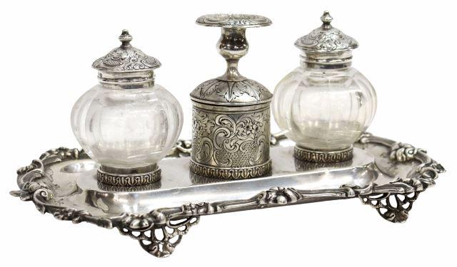 ROBERT GRAY & SON GLASGOW STERLING SILVER INKSTAND: Victorian sterling silver double inkstand, Robert Gray & Son, Glasgow, Scotland, c.1842, a shaped rectangular stand fitted with two removable glass inkwells, with sterling tops, flanking the centered 