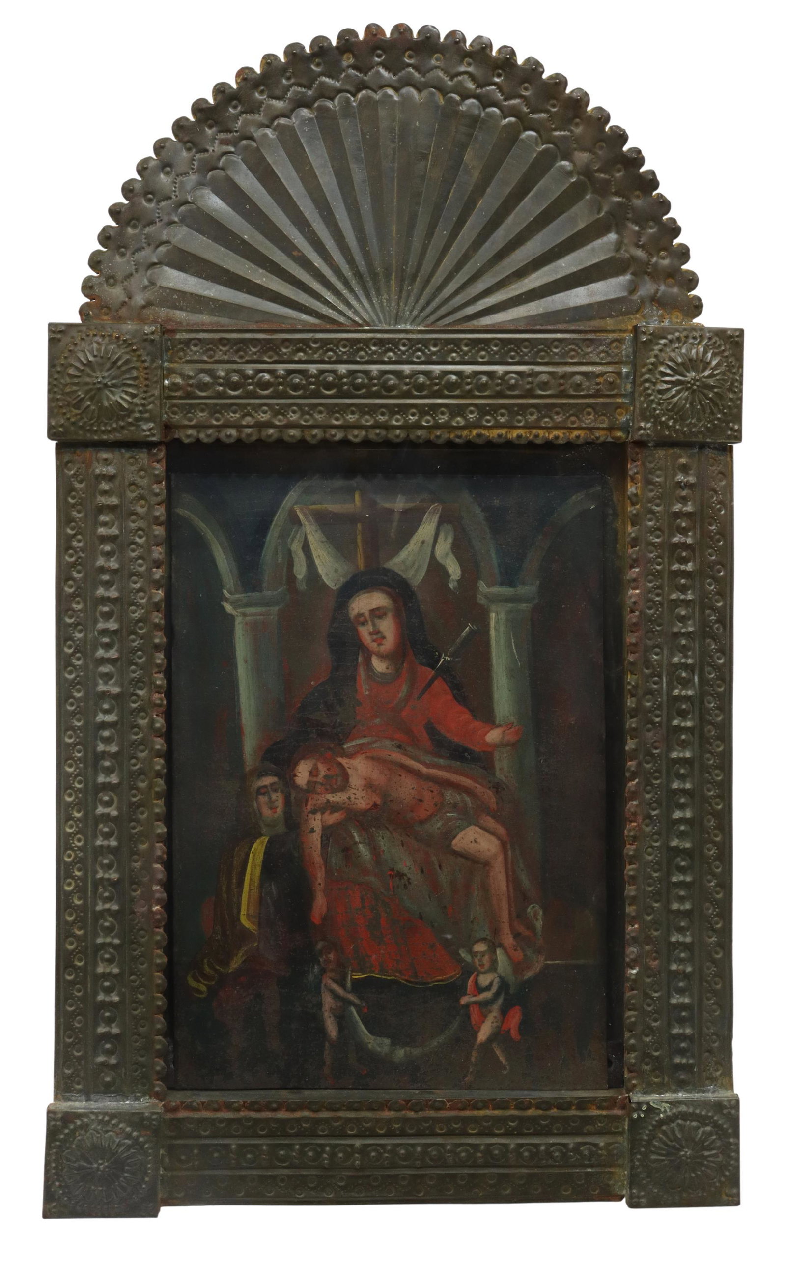 OIL ON TIN RETABLO, LA PIEDAD PIETA, MEXICO: Framed oil on tin retablo, Mexico, La Piedad (Pieta), the Virgin Mary cradling the Crucified Jesus, a sword piercing her breast, accompanied by another female figure, possibly Mary Magdalene, two ange