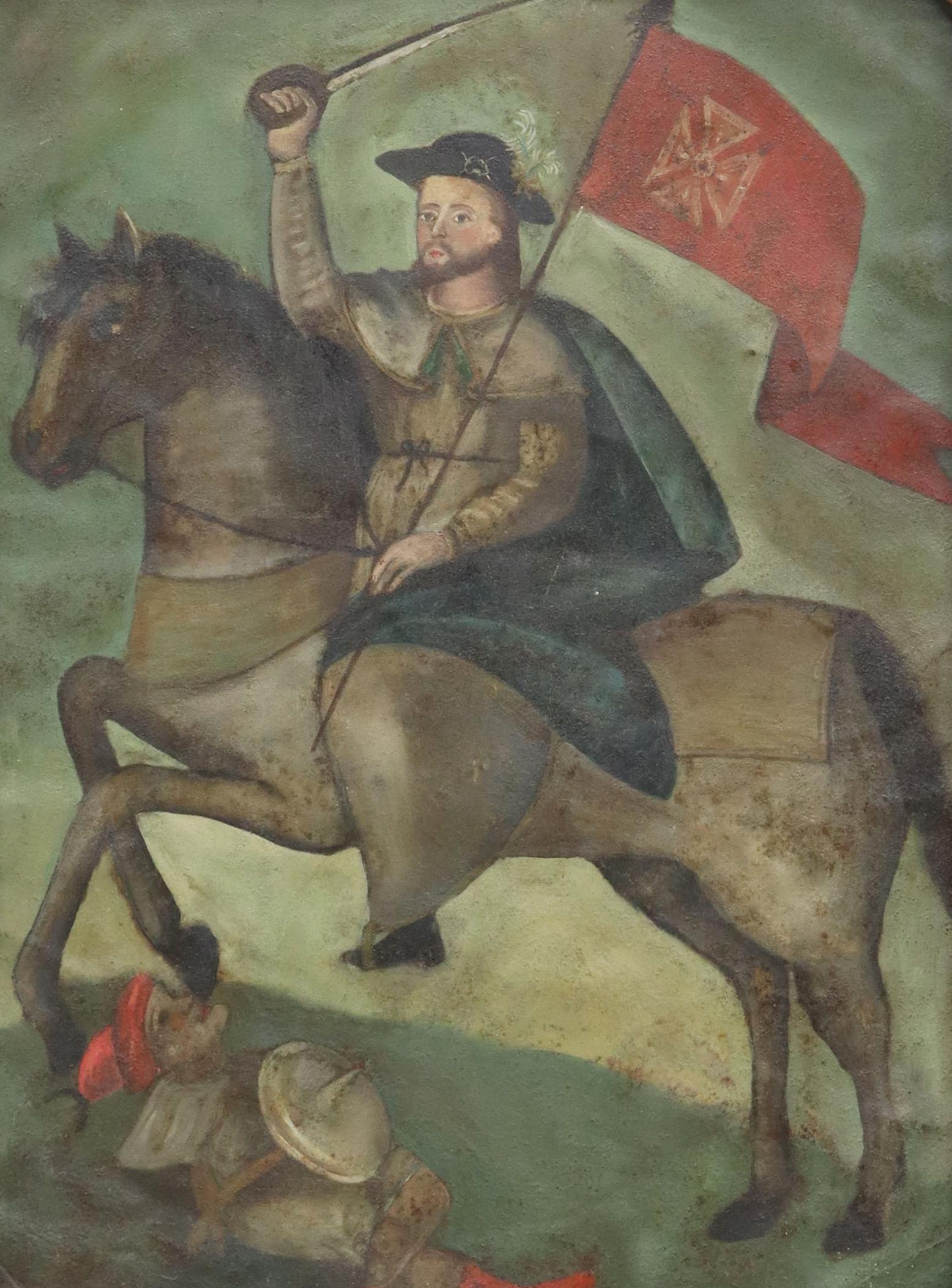 OIL ON TIN RETABLO, SAINT JAMES MATAMOROS, MEXICO: Framed oil on tin retablo, Mexico, Santiago Matamoros (Saint James Matamoros the Moor-Slayer), depicted on horseback with raised sword and red banner, sight: 13.5"h, 9.5"w, overall: 16.5"h, 12.5"w, 1.