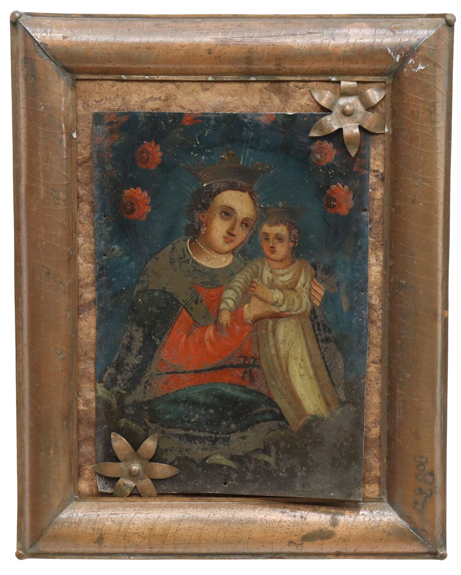 OIL ON TIN RETABLO, OUR LADY OF REFUGE, MEXICO: Framed oil on tin retablo, Mexico, Nuestra Senora del Refugio (Our Lady Refuge of Sinners), depicting crowned Madonna and Christ Child, enthroned above clouds, retablo: 13.5"h, 9.5"w, overall: 19.5"h,