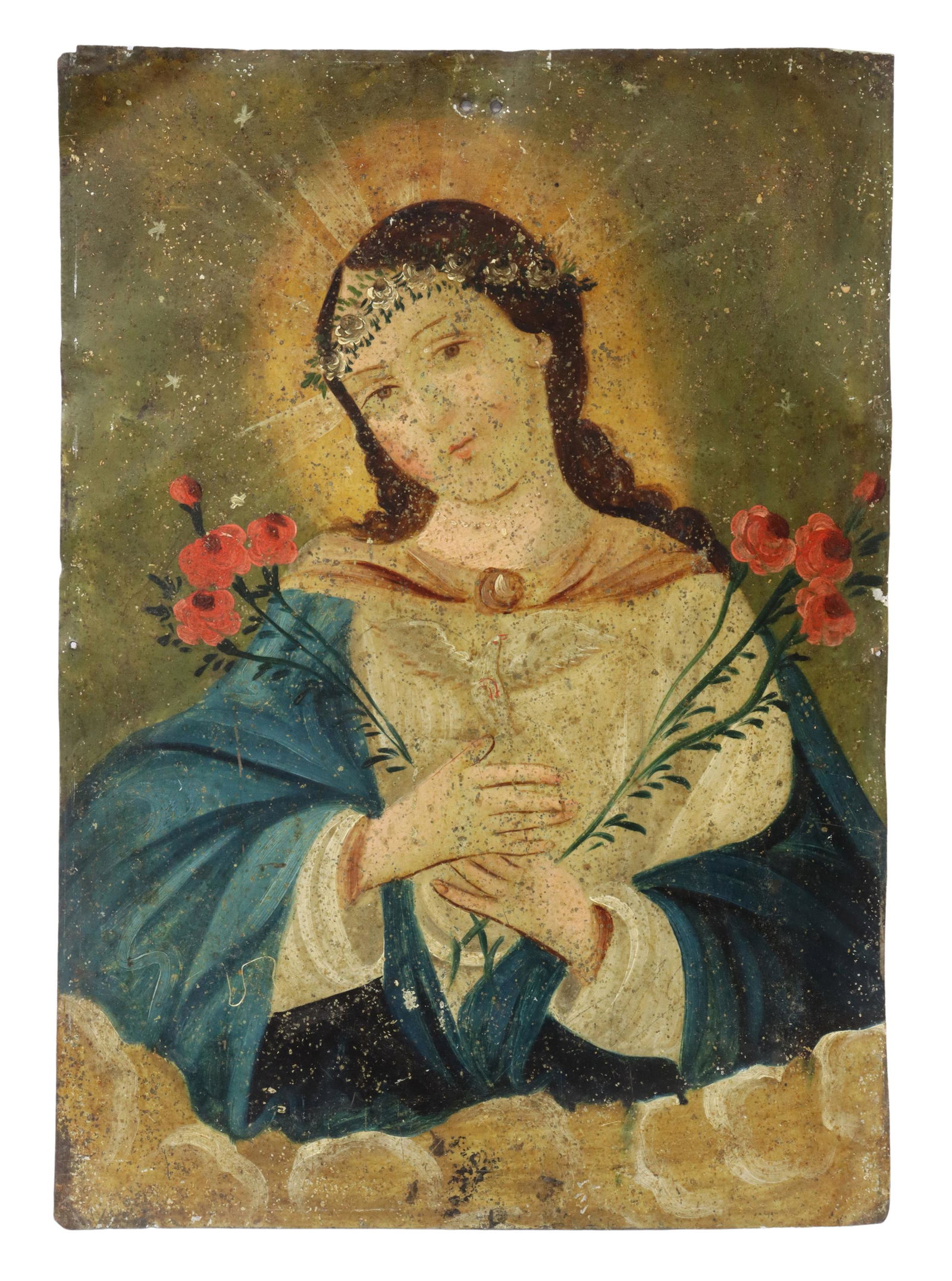 OIL ON TIN RETABLO, SOUL OF MARY, MEXICO: Unframed oil on tin retablo, Mexico, Alma de Maria (Soul of Mary), depicting the Virgin Mary in a blue mantle over a white gown, with crown of white flowers, holding branches of roses, the Holy Spirit