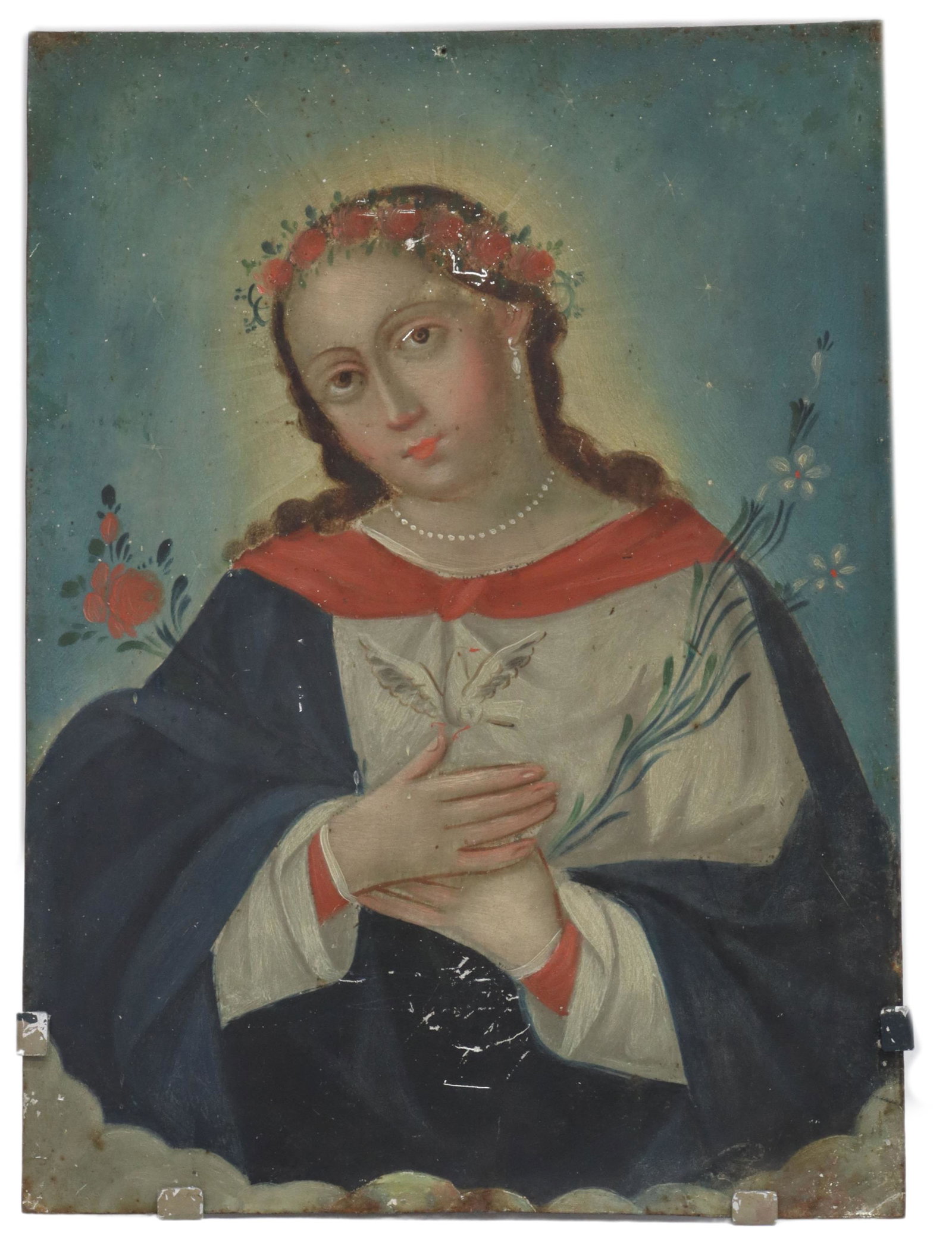 OIL ON TIN RETABLO, VIRGEN DE LA PALOMA, MEXICO: Unframed oil on tin retablo, Mexico, Nuestra Senora de La Paloma/ Alma de Maria (Our Lady of Paloma/ Soul of Mary), depicting cloaked female figure with halo and crown of roses, the Holy Spirit as a d