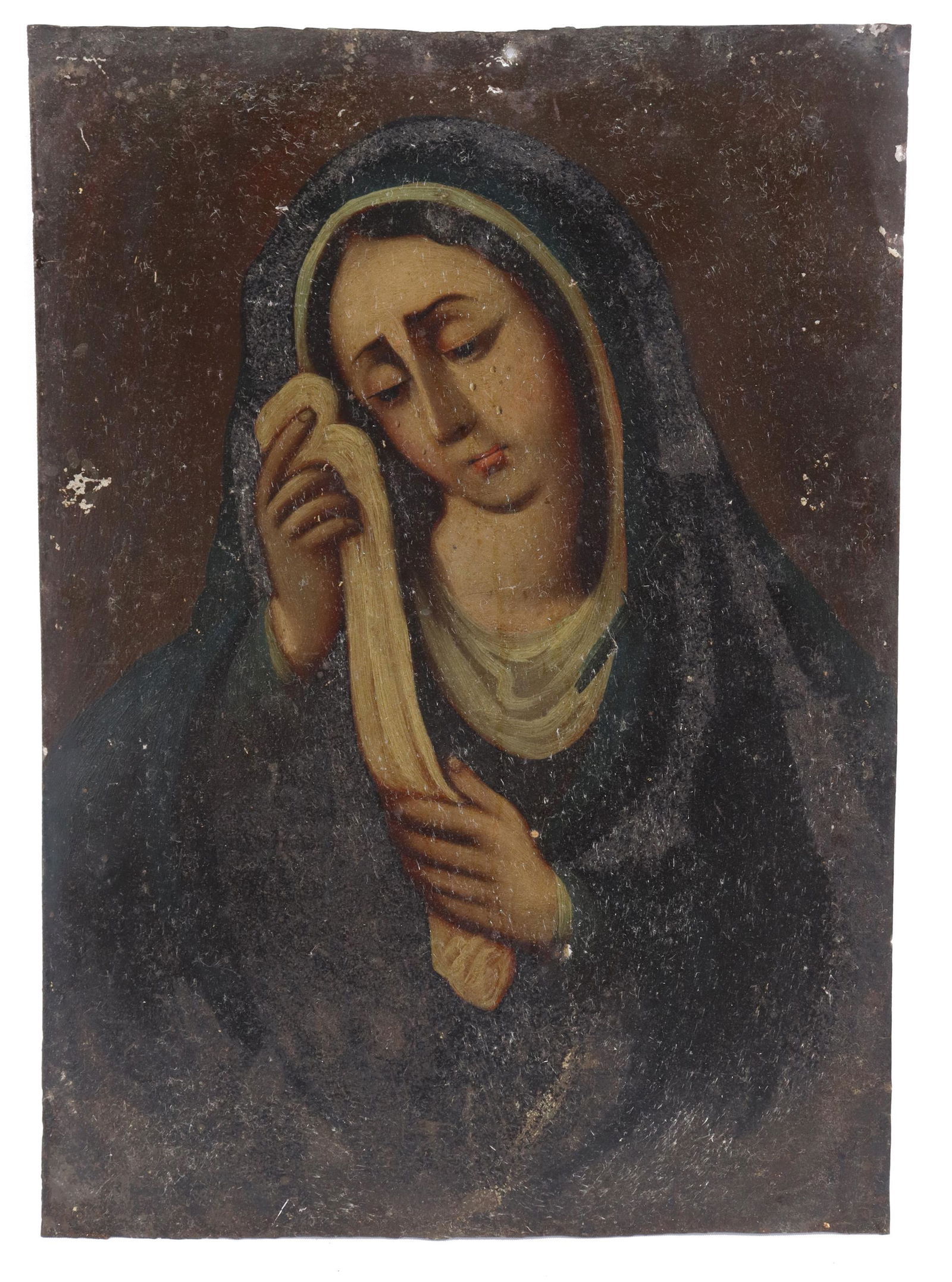 OIL ON TIN RETABLO, OUR LADY OF SORROWS, MEXICO: Unframed oil on tin retablo, Mexico, Nuestra Senora de los Dolores (Our Lady of Sorrows), depicting the Virgin Mary in dark blue mantle, clasping the shroud, overall: 14"h, 10"w, 0.25lbs Start Price: